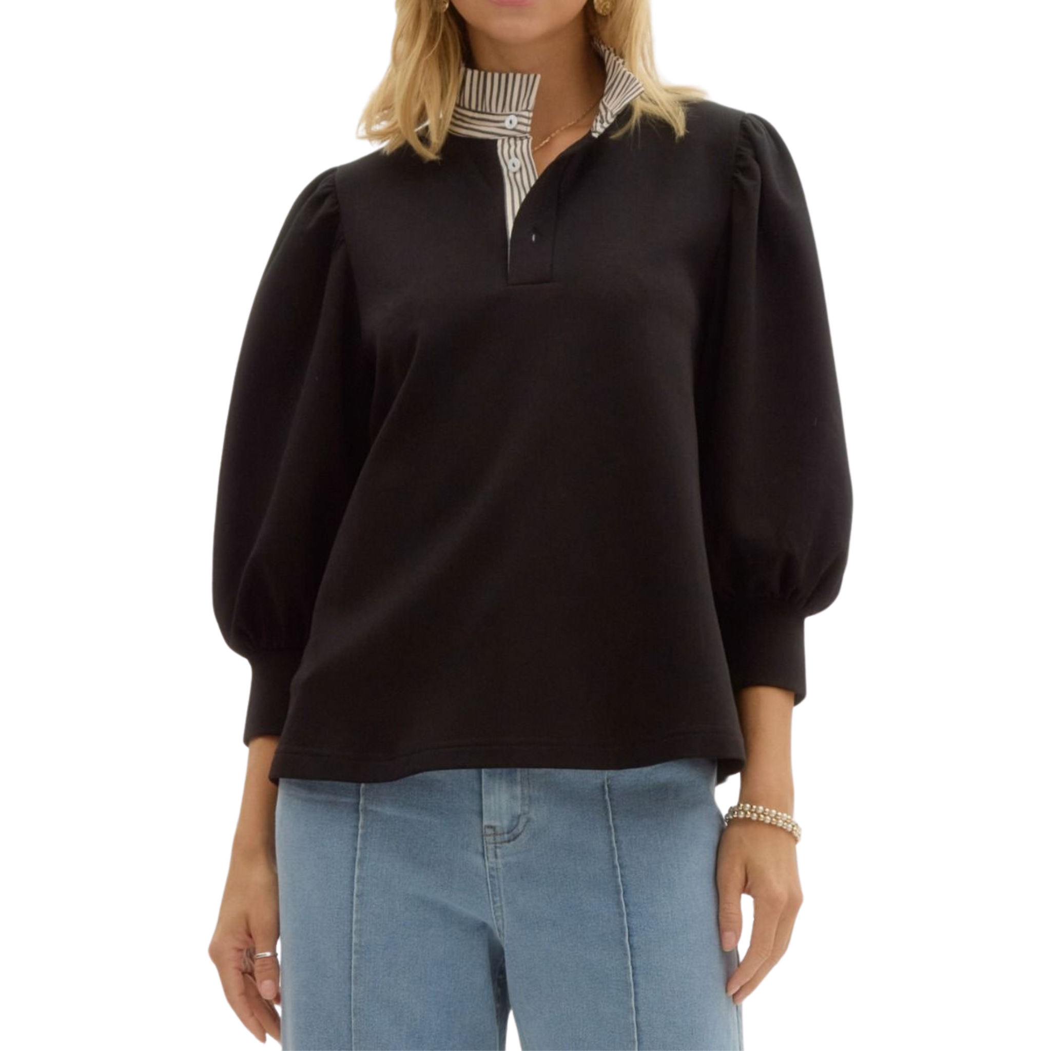Balloon Sleeve Popover Top with Contrast Ruffle Neck