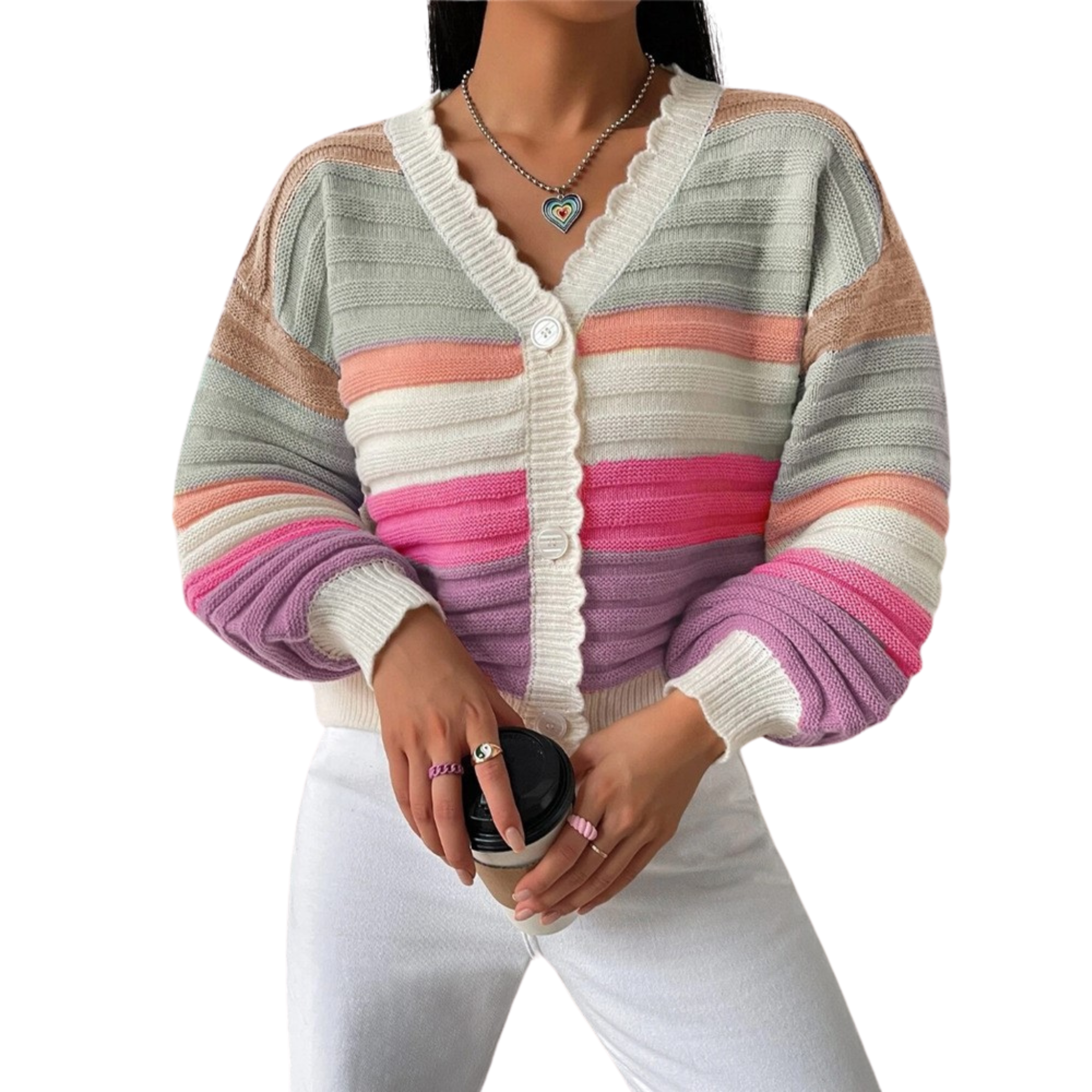 Rainbow Striped Balloon Sleeve Cardigan