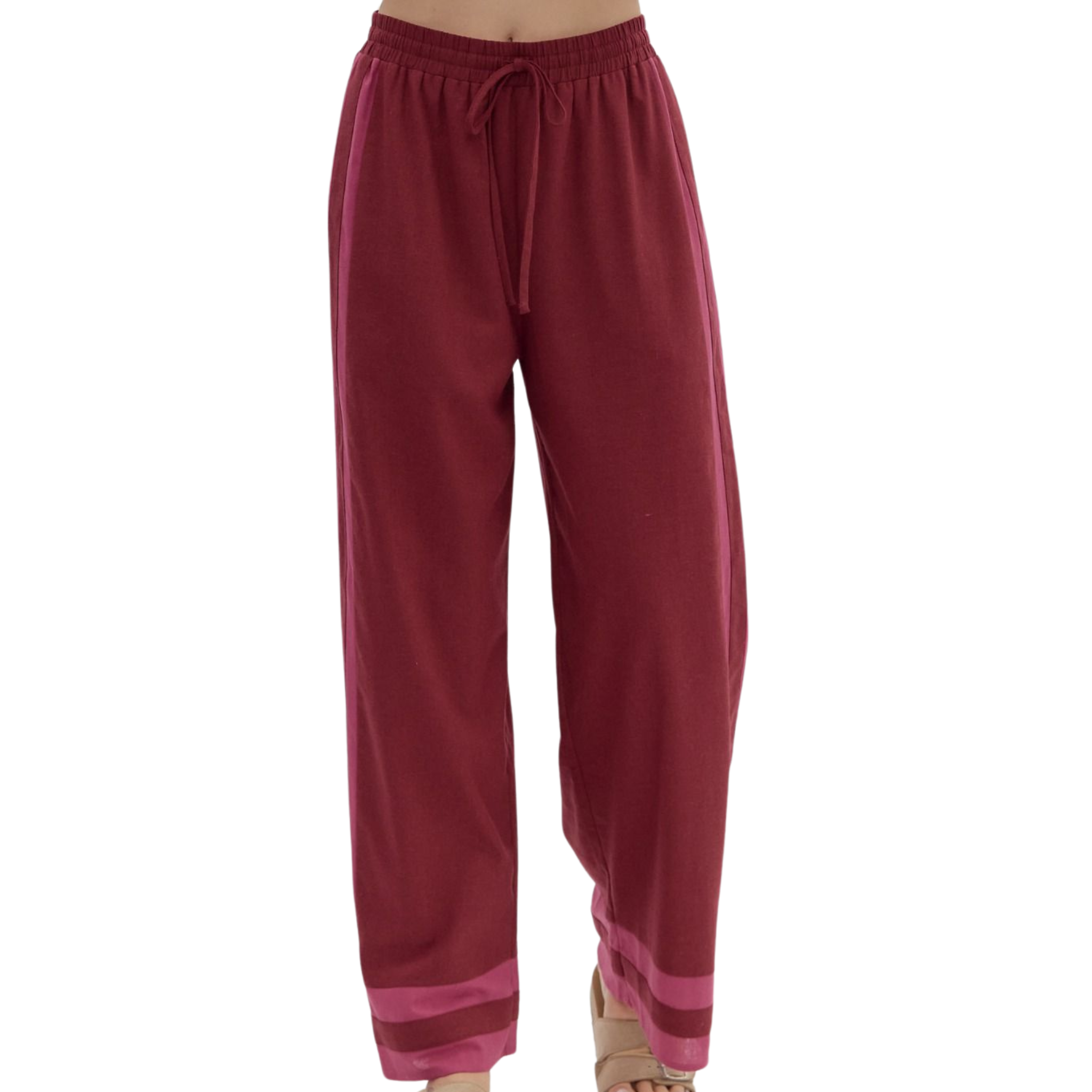 Contrast Trim Wide Leg Pants | Burgundy