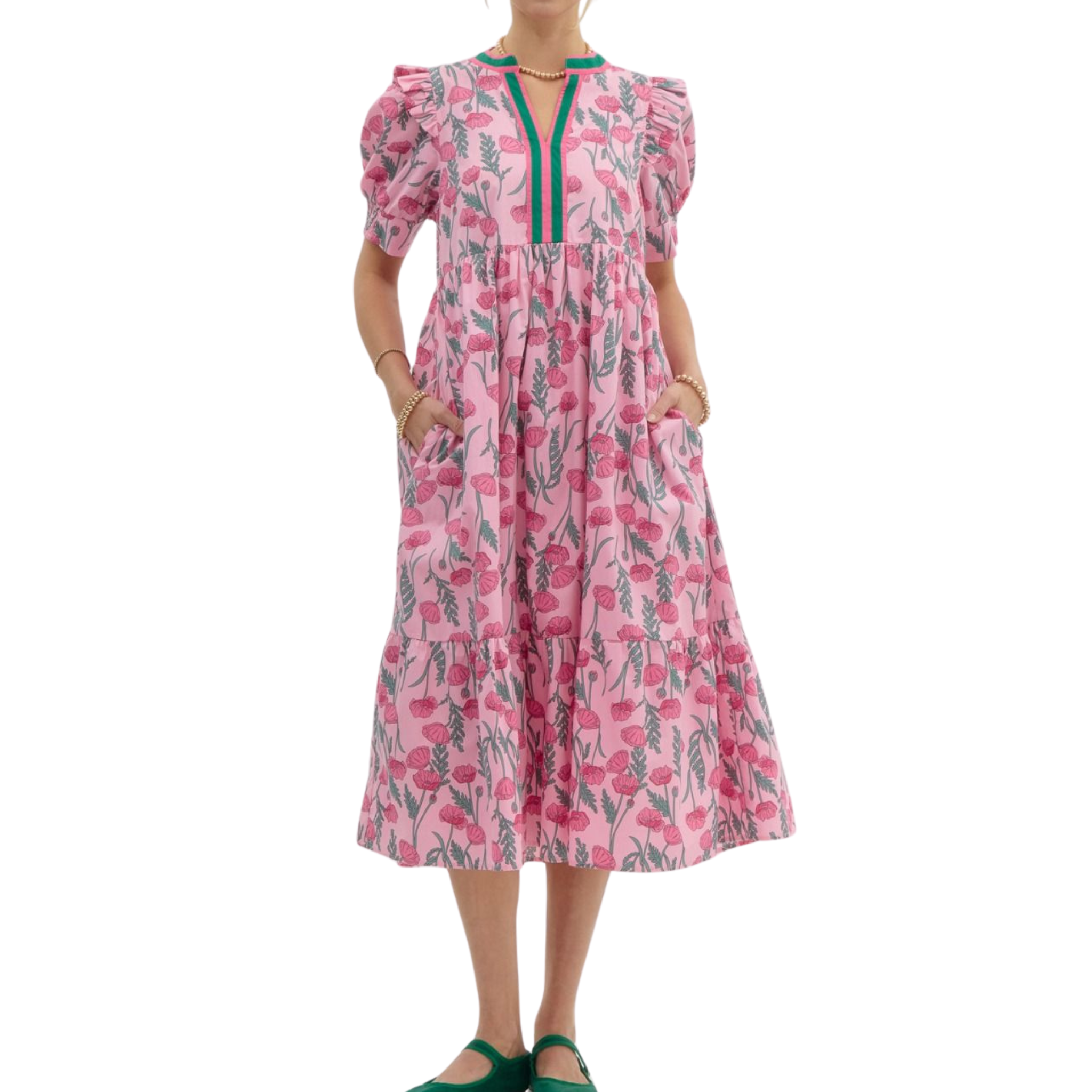Floral Puff Sleeve Midi Dress | Pink