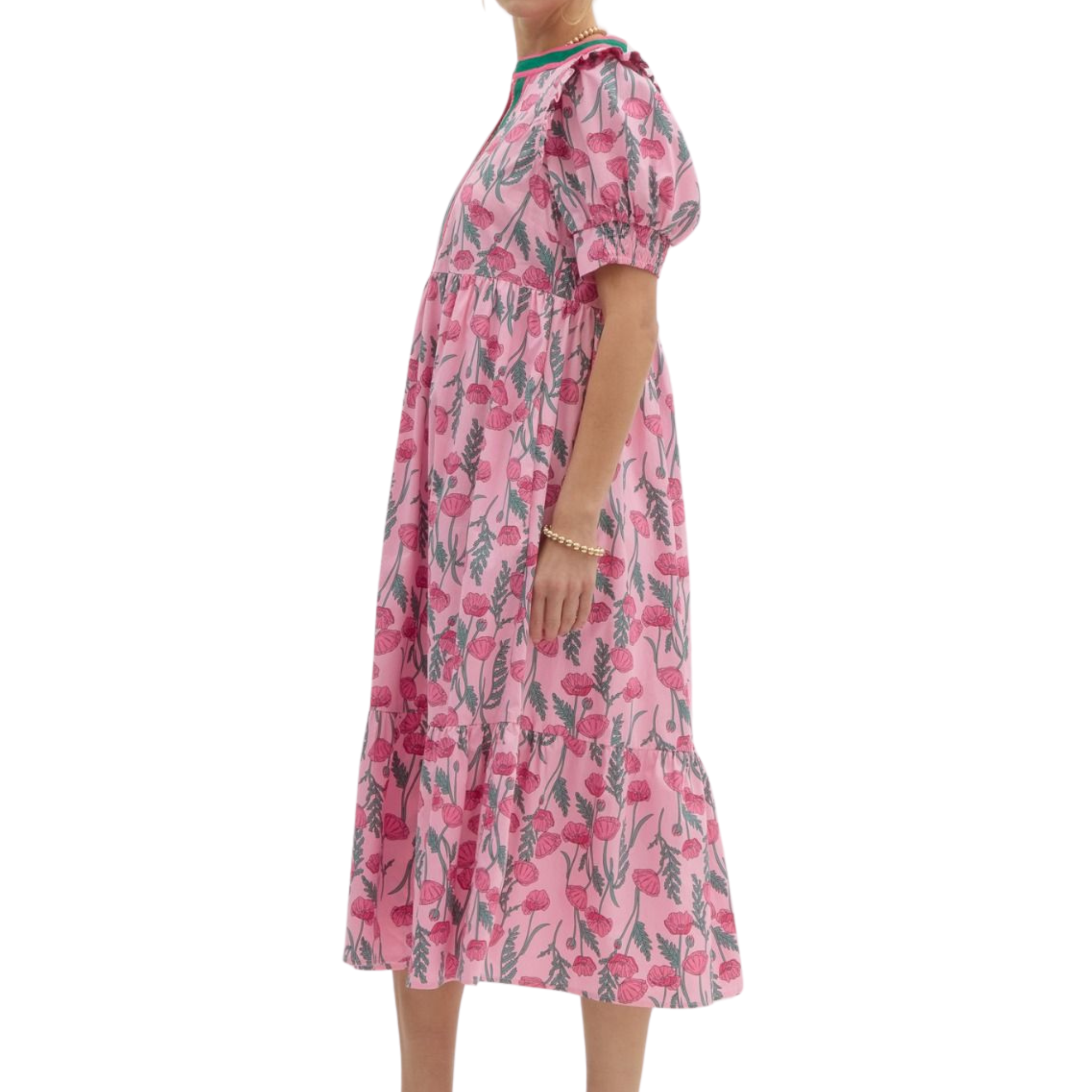 Floral Puff Sleeve Midi Dress | Pink