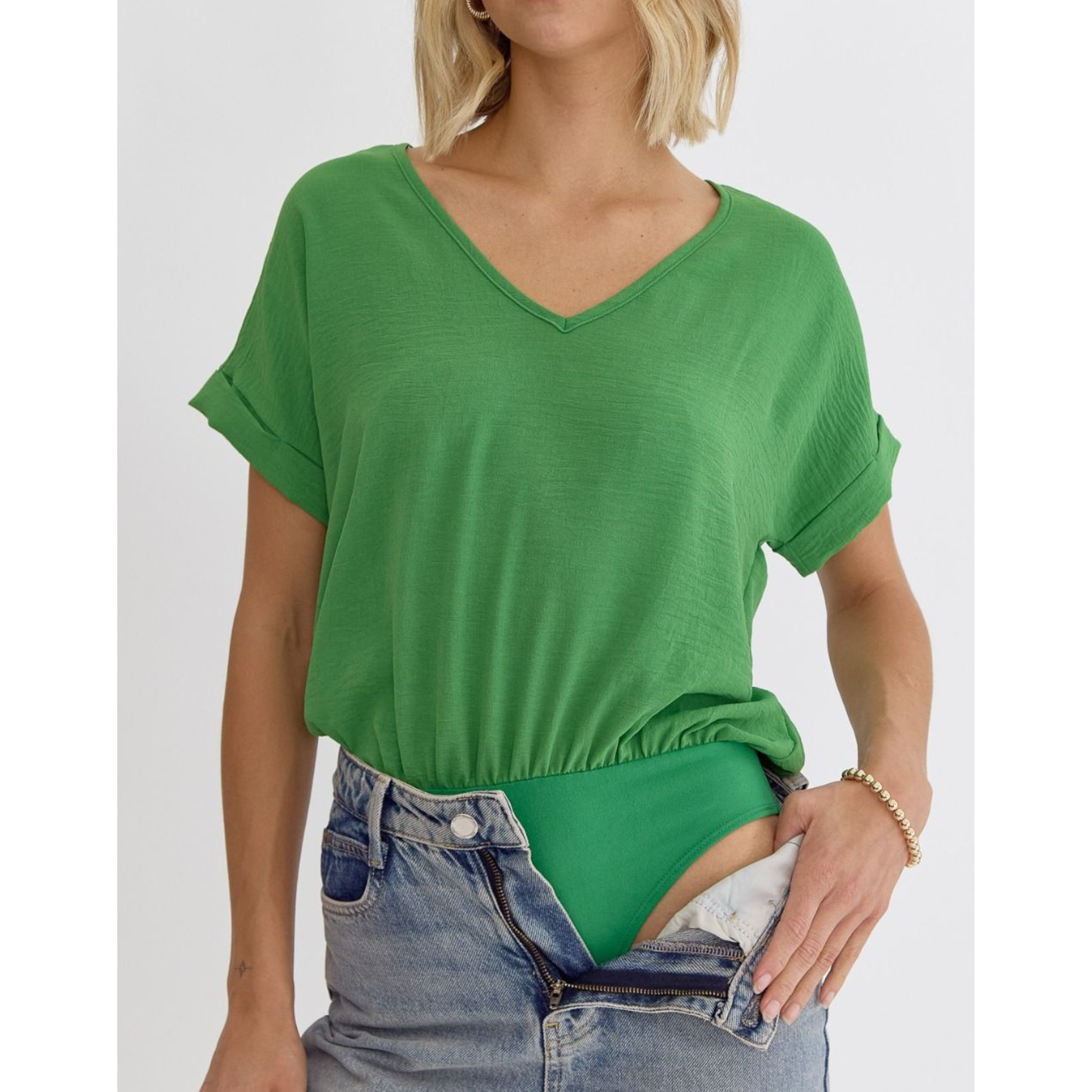 Women's V-Neck Short Sleeve Bodysuit | Green