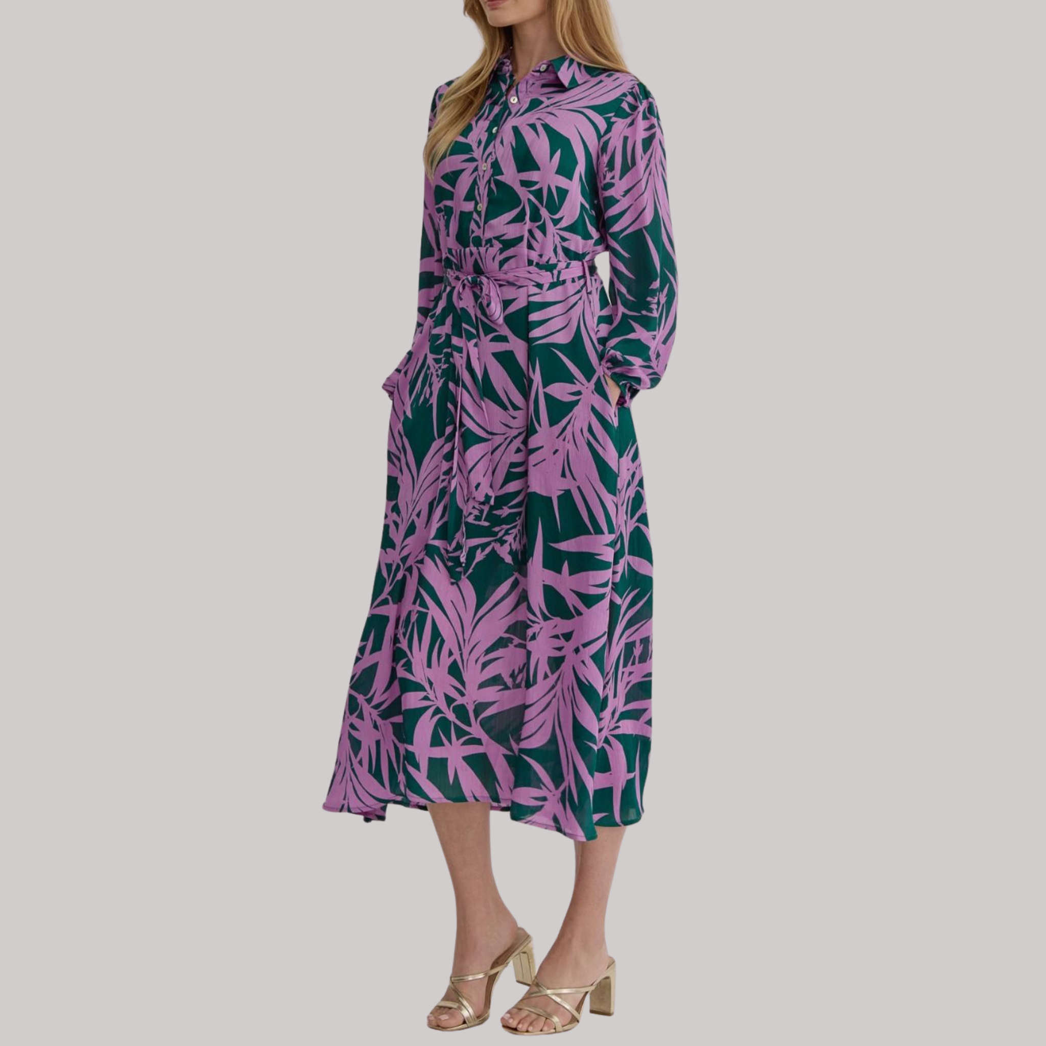 Leaf Print Button-Up Midi Dress
