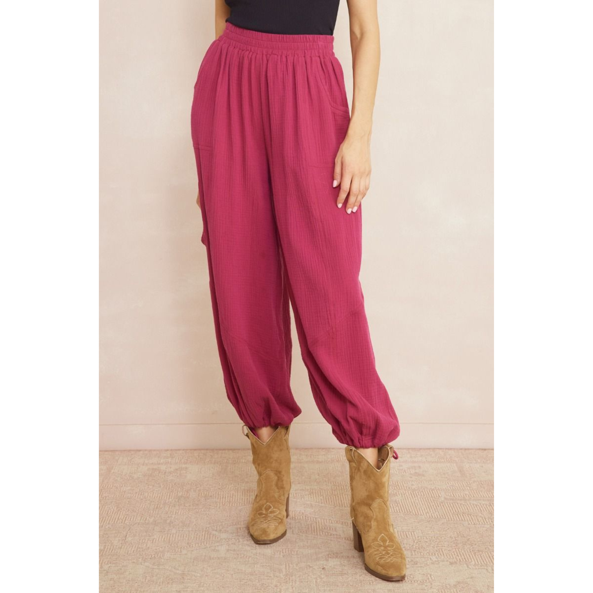 Women's High-Waisted Textured Joggers with Ankle Tie