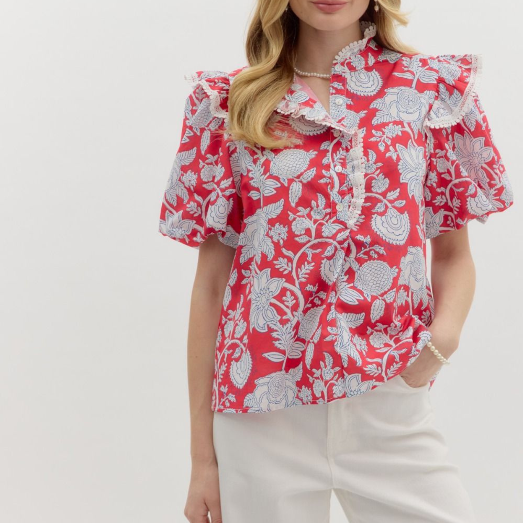 Paisley Print Bubble Sleeve Pullover Top