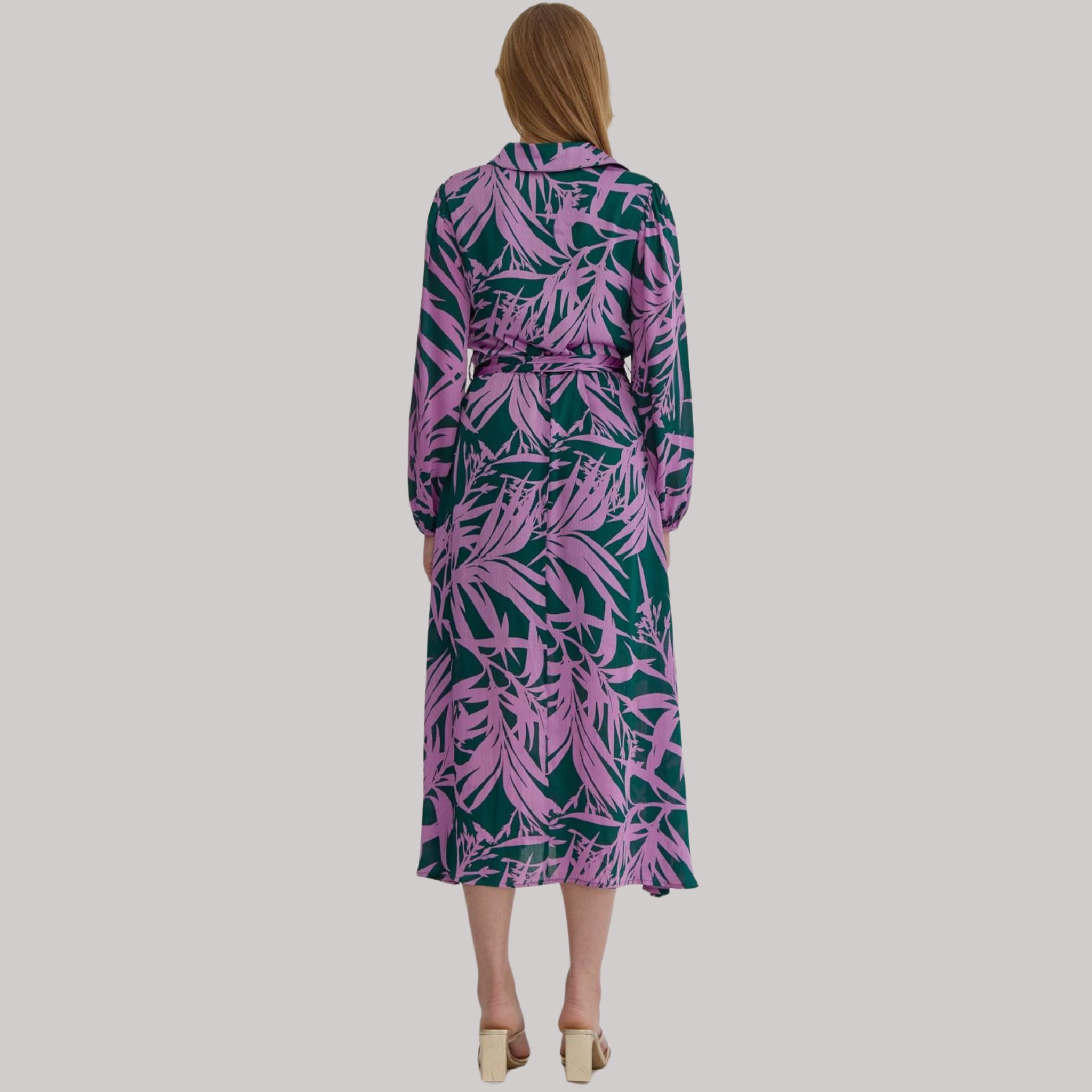Leaf Print Button-Up Midi Dress