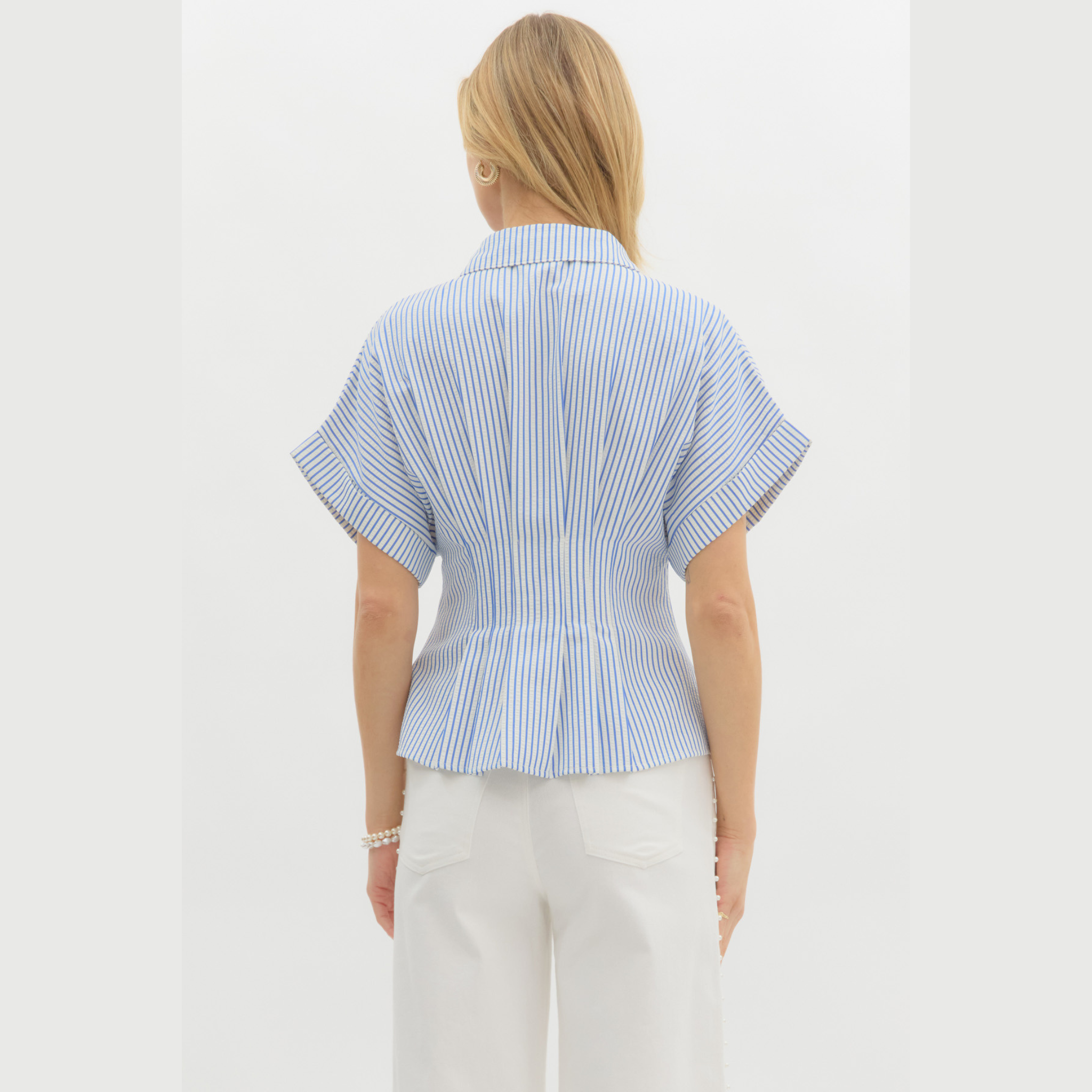 The Harper Pleated Stripe Blouse | Blue