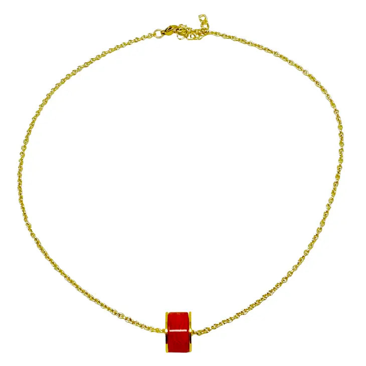 Light Red & Goldtone Tube Pendant Necklace