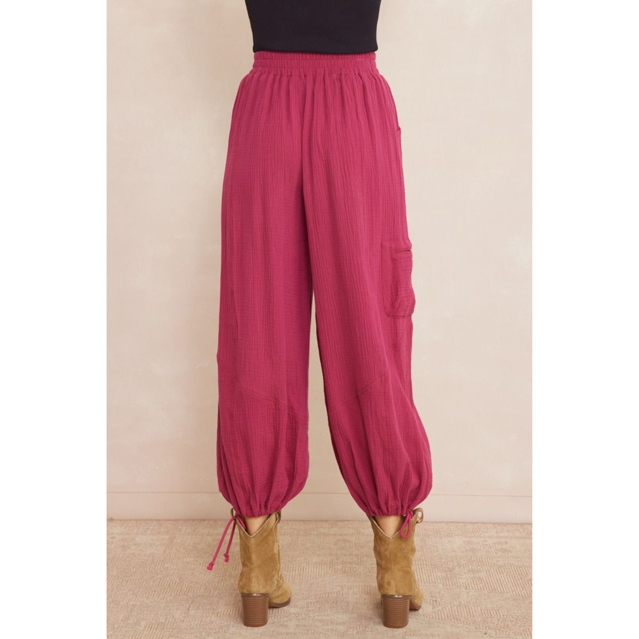 Women's High-Waisted Textured Joggers with Ankle Tie
