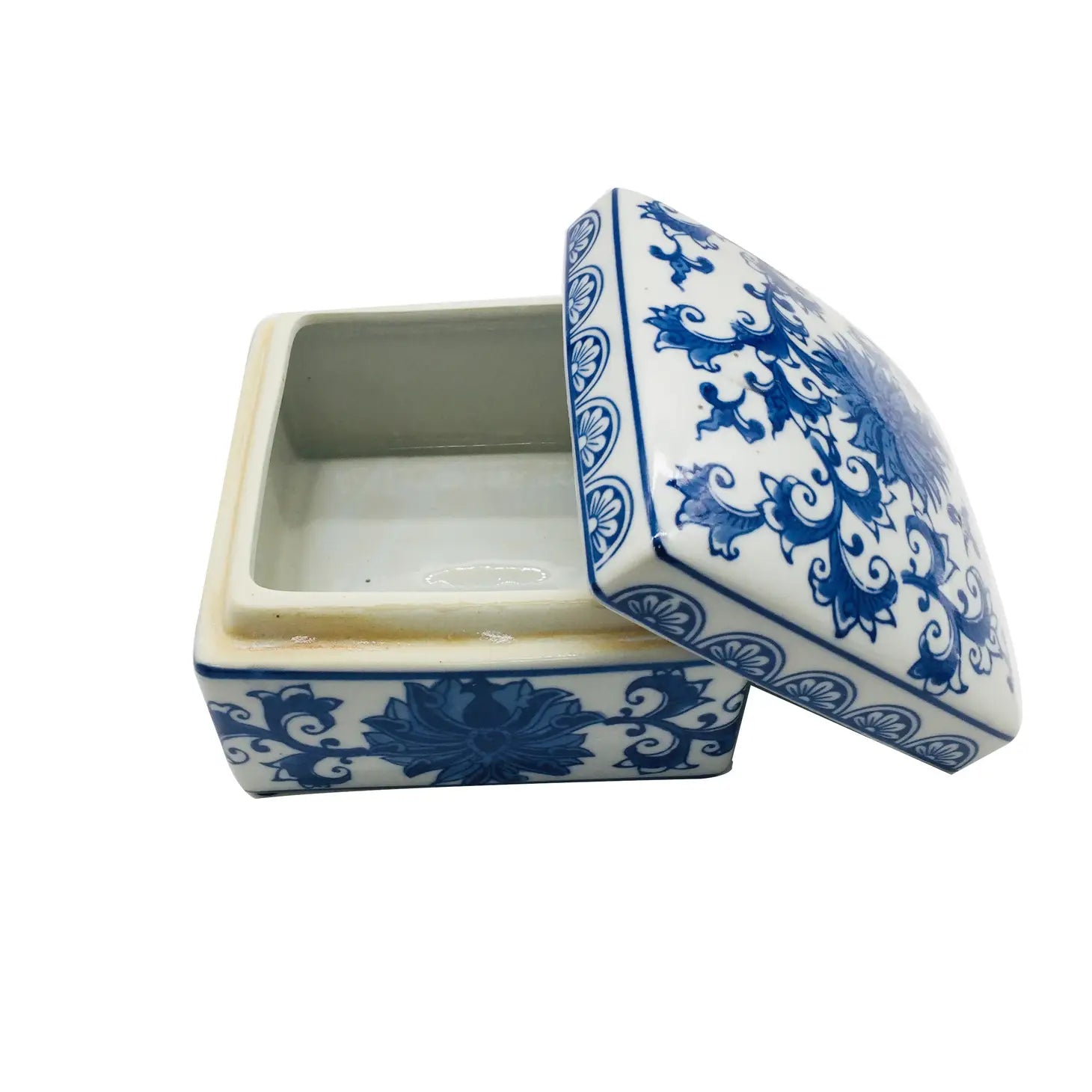 Blue & White Chinoiserie Square Ceramic Box | Lotus