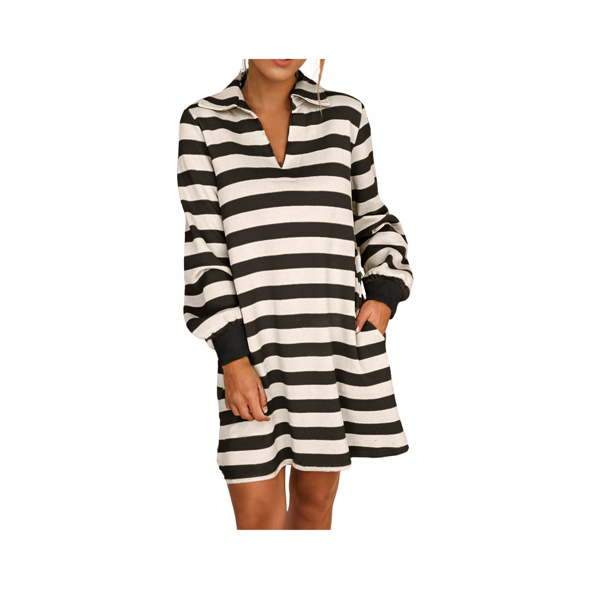 Stripe Pocketed Collared V Neck Loose Fit Mini Dress | Black