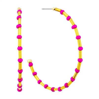 Hot Pink Seed Bead and Gold Hoop Earring