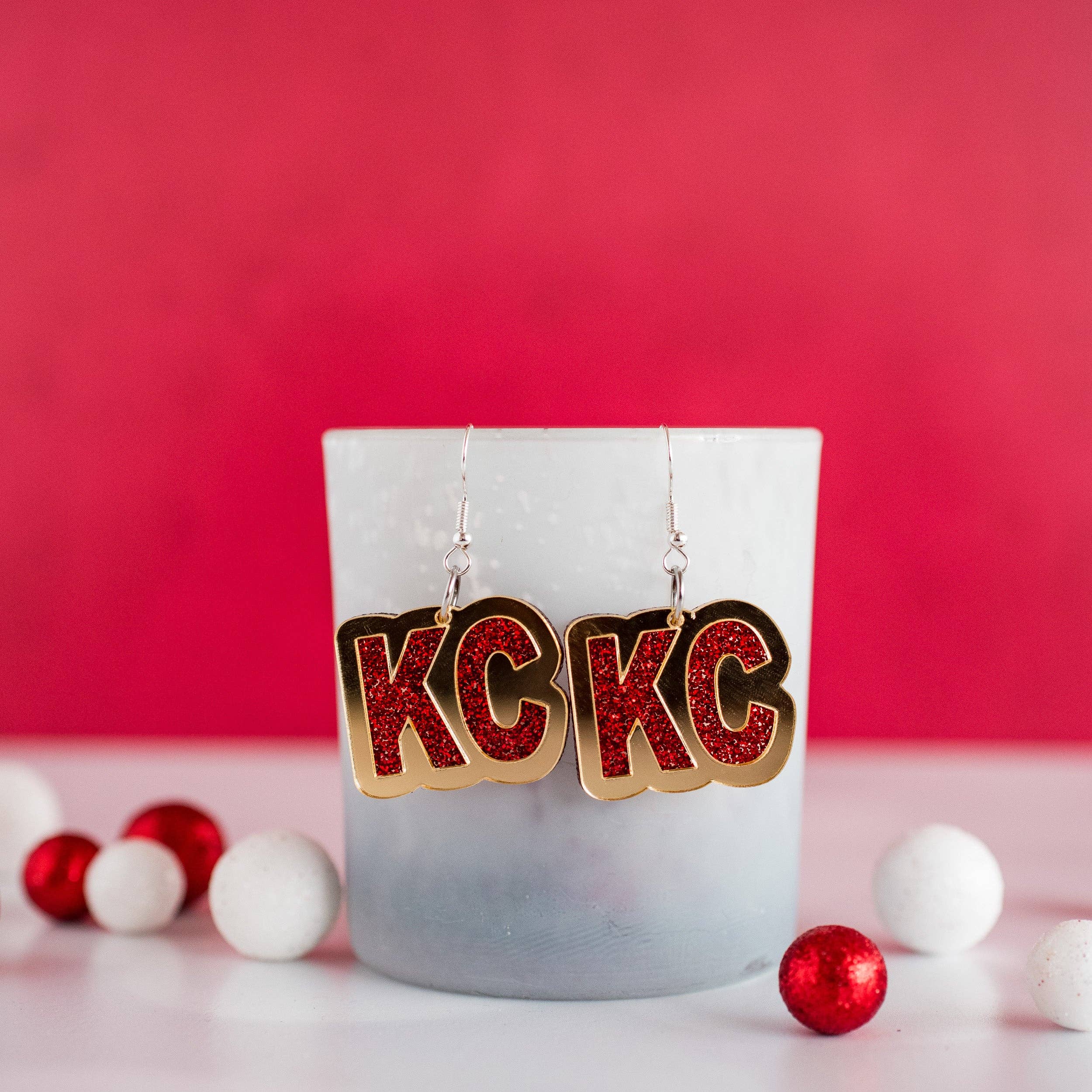 Red Glitter & Gold Mirror KC Dangles | Kansas City Football