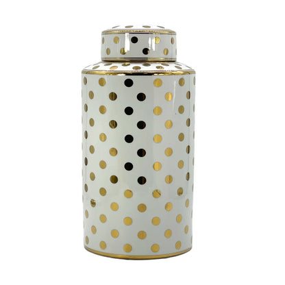 16" White Jar with gold polka dots