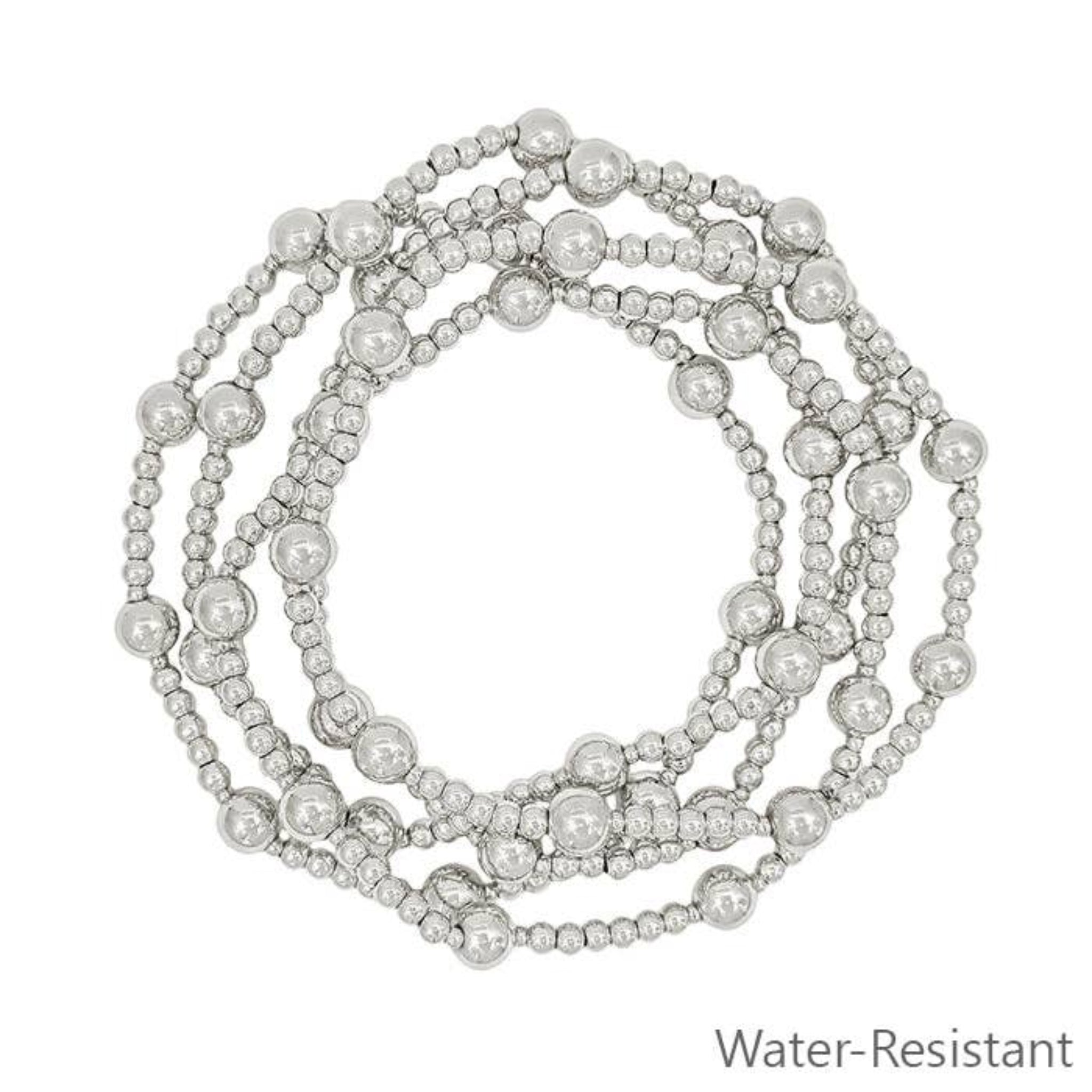 Water Resistant Silver Beaded Stretch Bracelets | Set Of 5