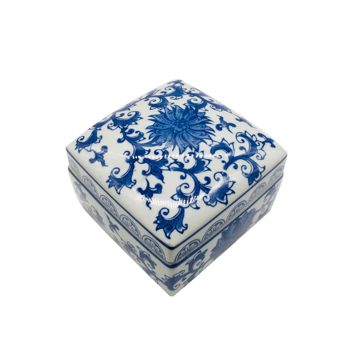 Blue & White Chinoiserie Square Ceramic Box | Lotus