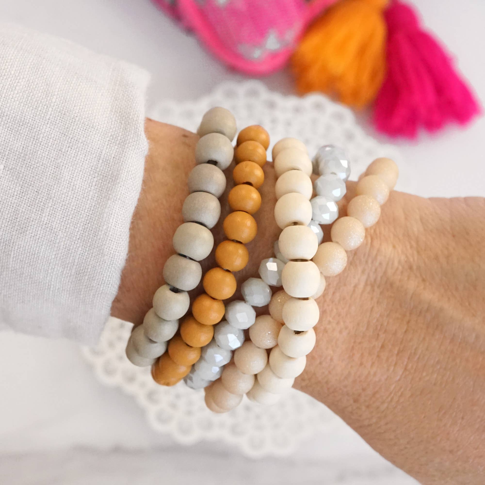 Wood & Glass Bracelets Stack | Mustard