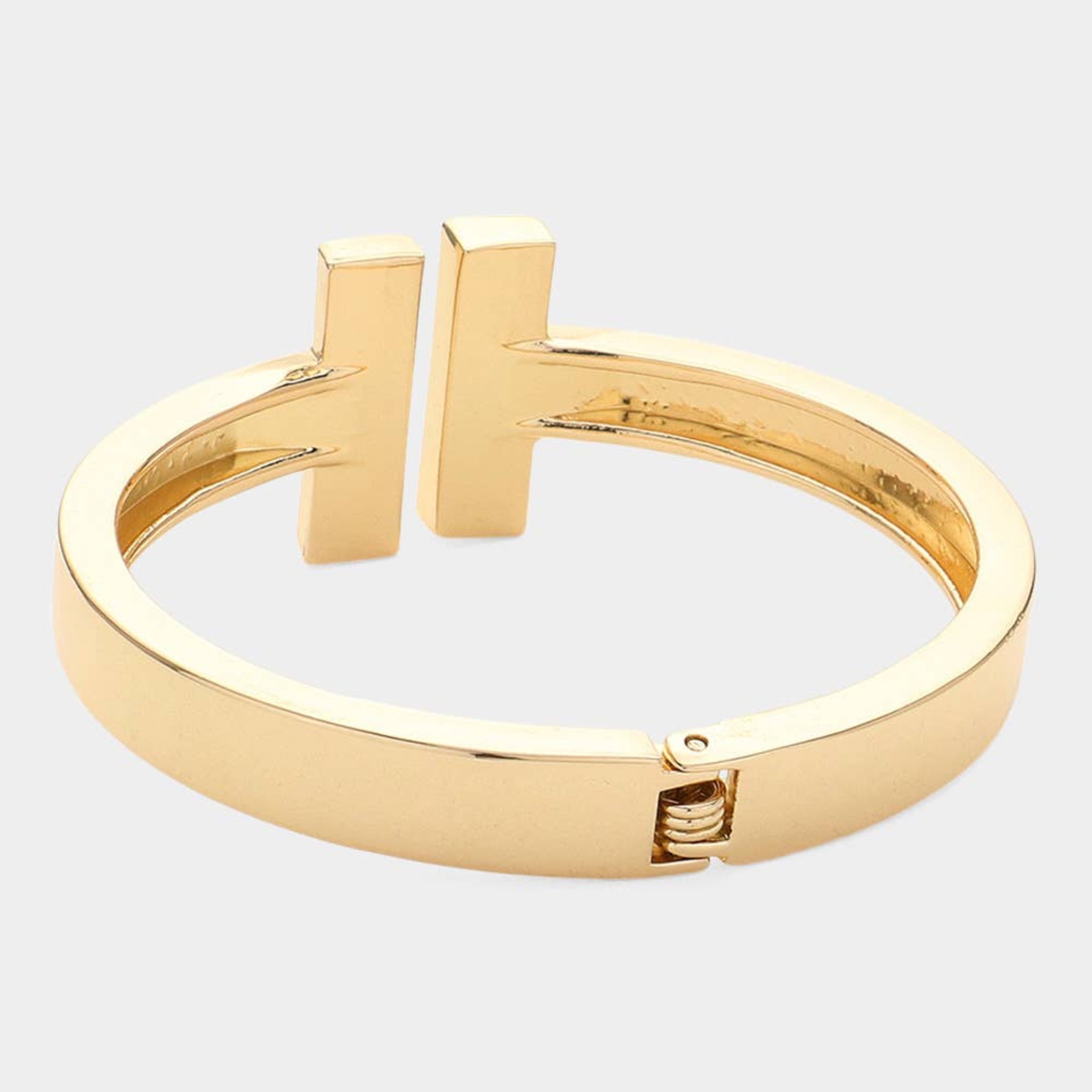 Geometric Metal T Bar Hinged Bangle Bracelet | Yellow Gold