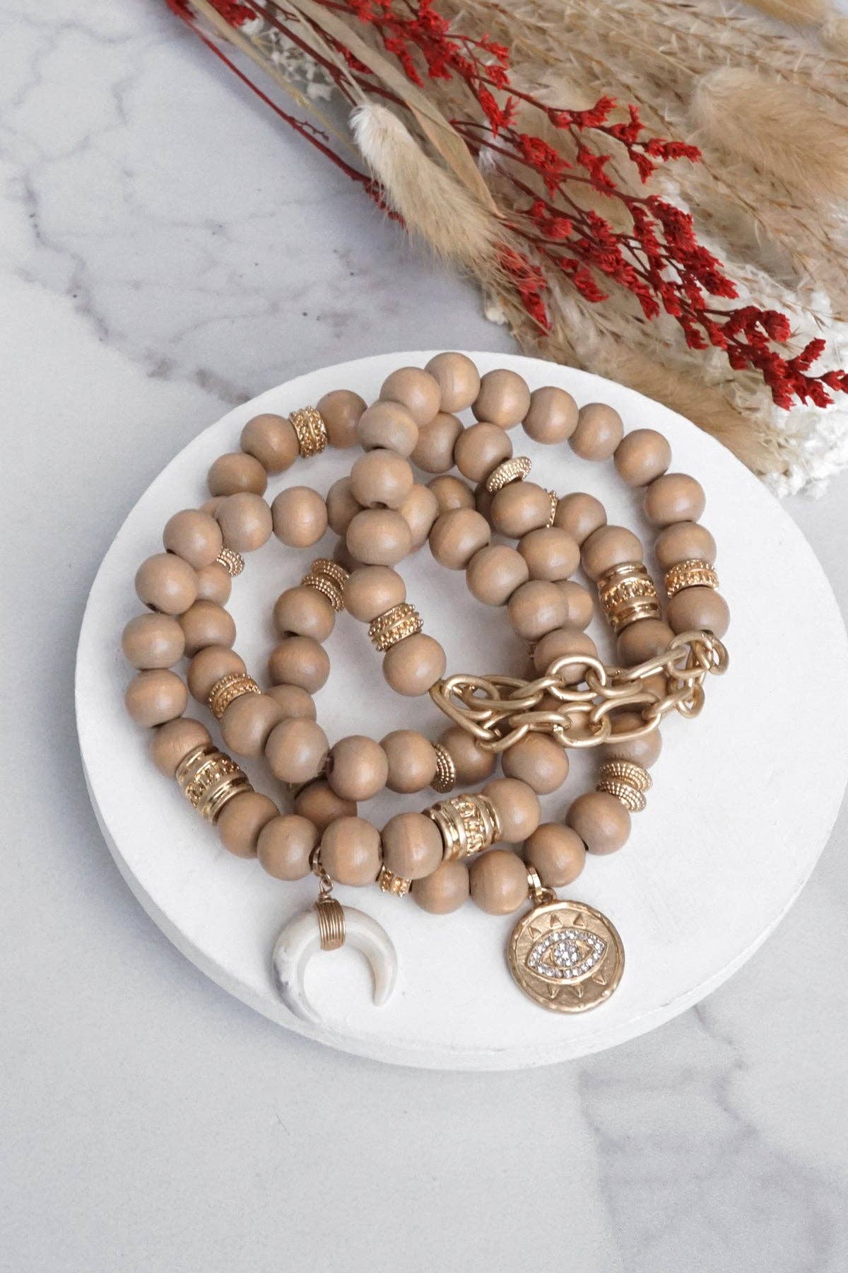 Beaded Boho Bracelets With Gold Coin & Neutral Wooden Beads