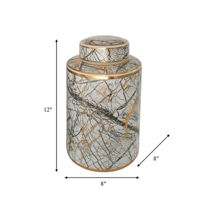 12'' Ceramic Marble and Gold Print Jar