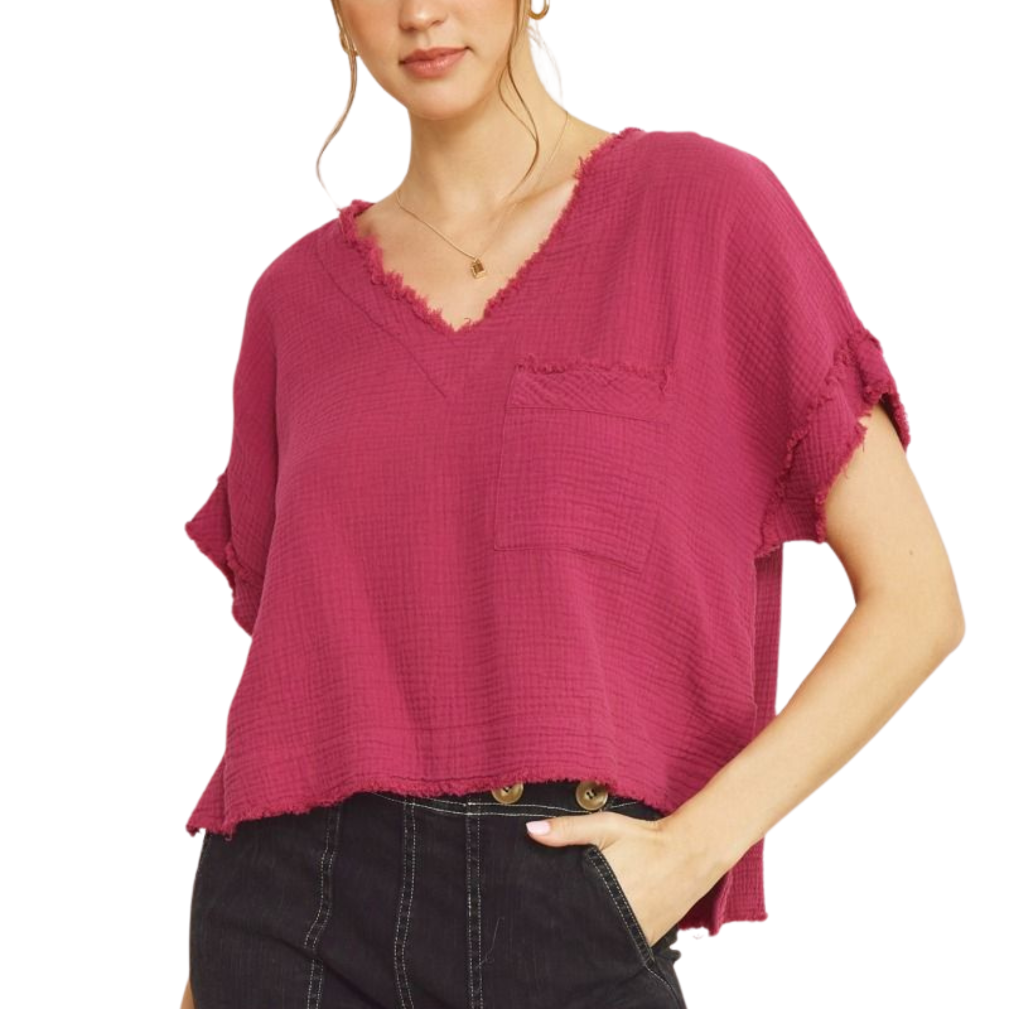 Solid Textured Hi-Lo Short Sleeve Top