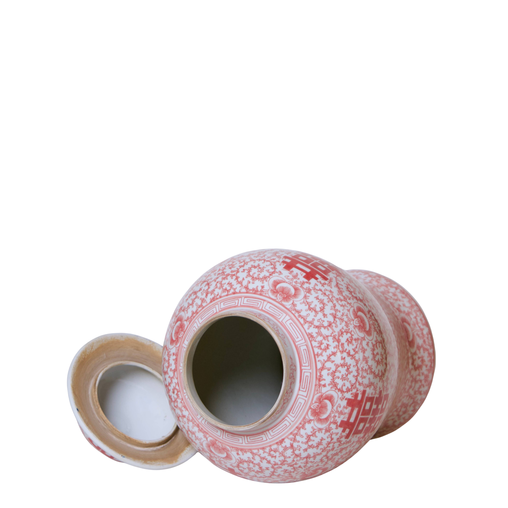 Double Happiness Red & White Porcelain Temple Jar