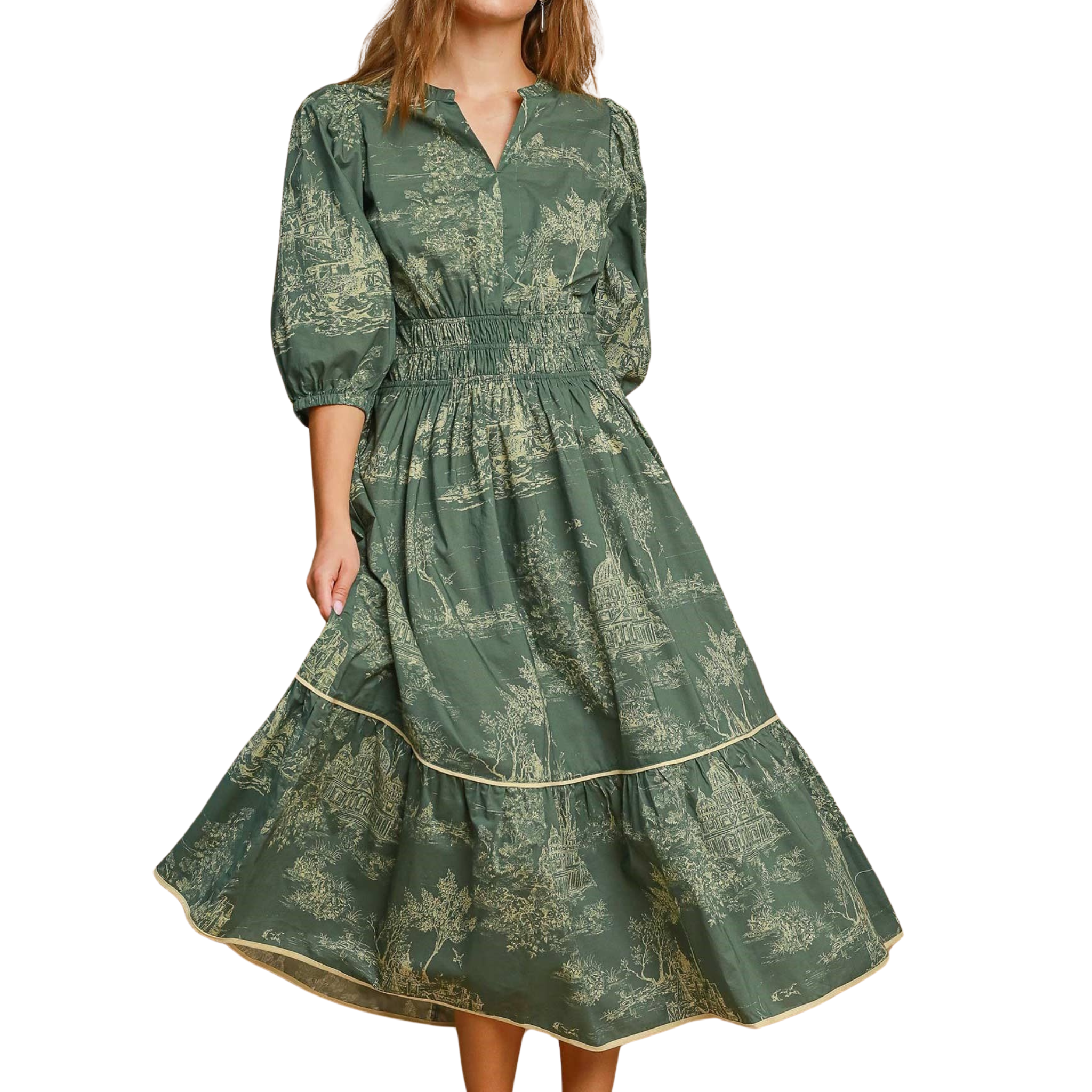 Toile Print Tiered Midi Dress