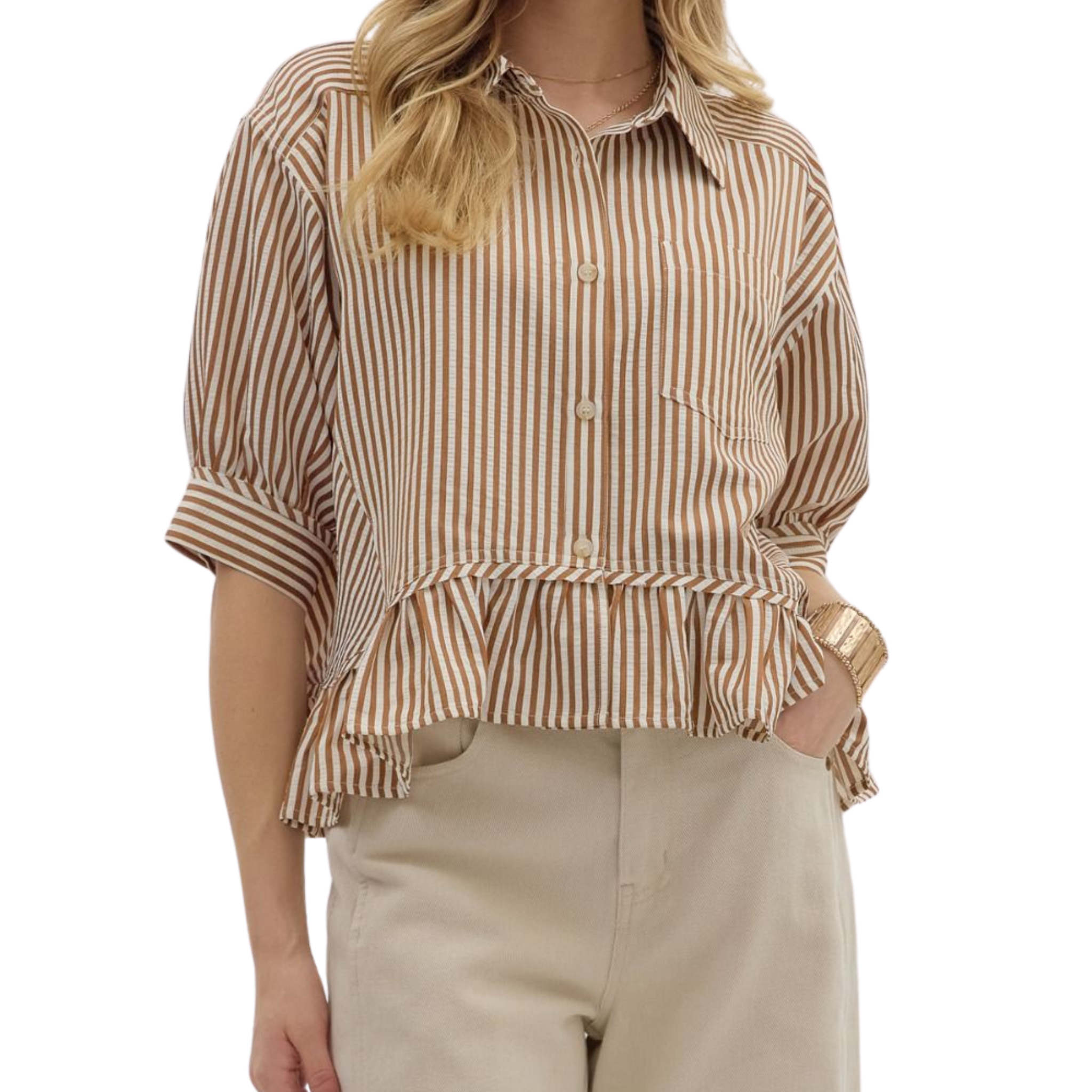 Striped Ruffle Button-Up Top