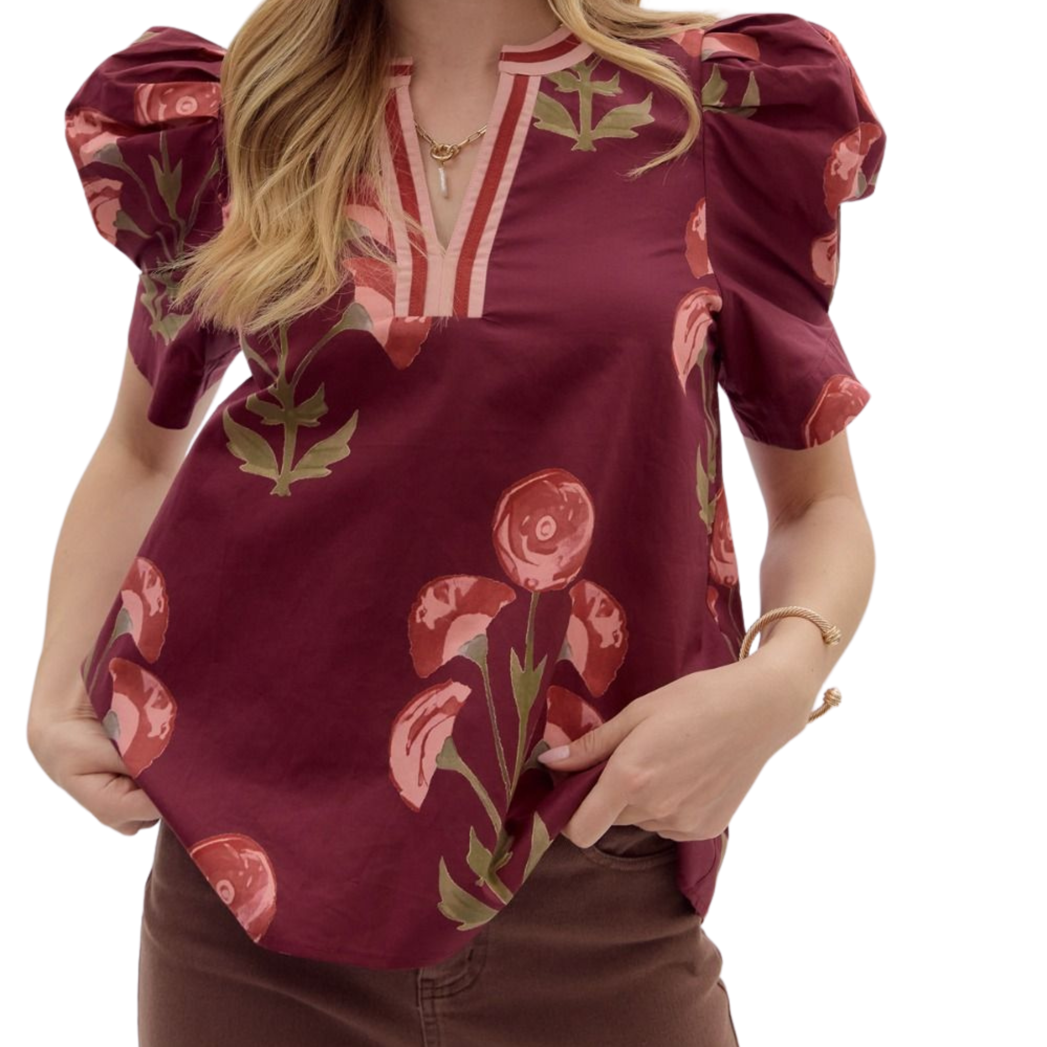 Floral Puff Sleeve Top | Red