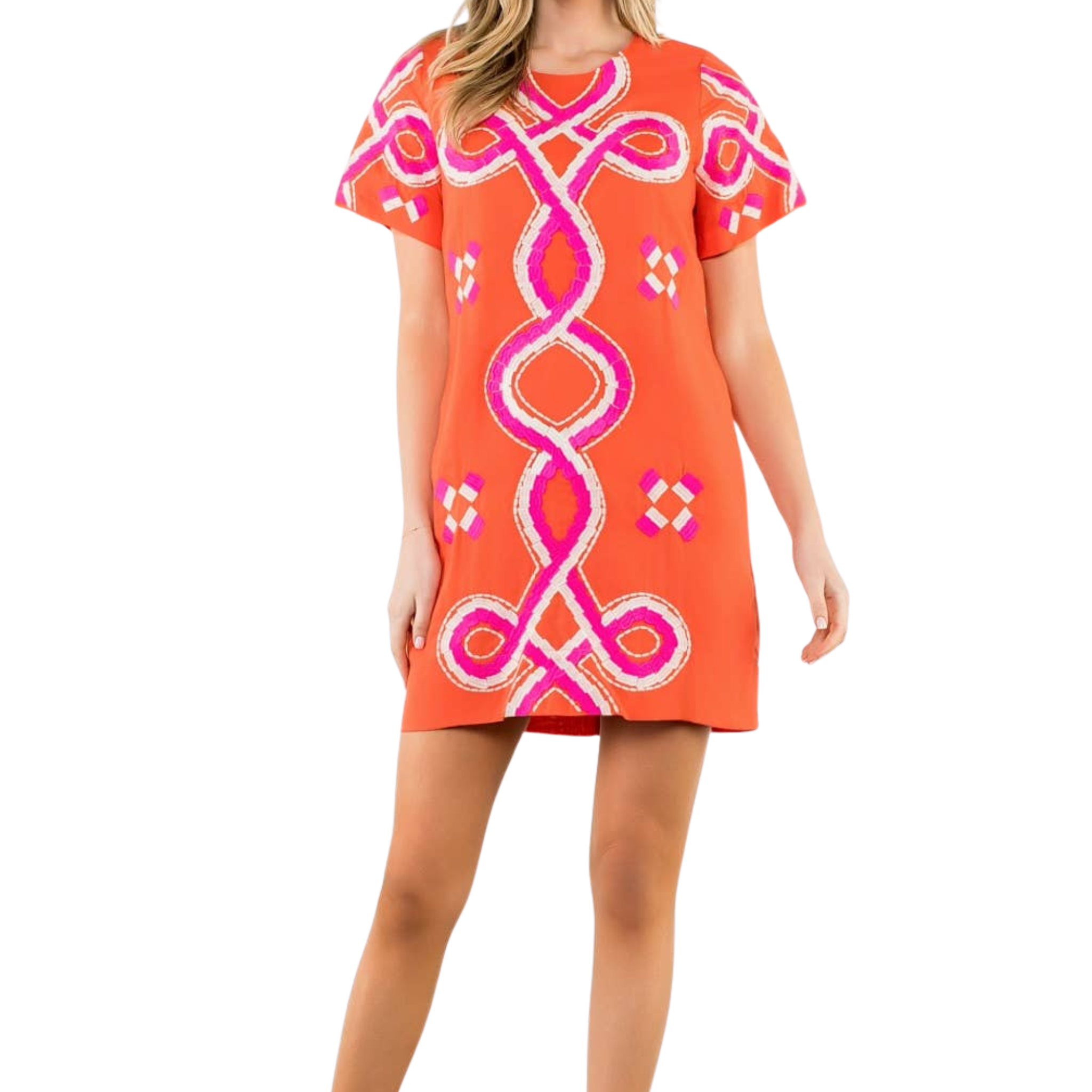 Embroidered Short Sleeve Mini Dress | Orange