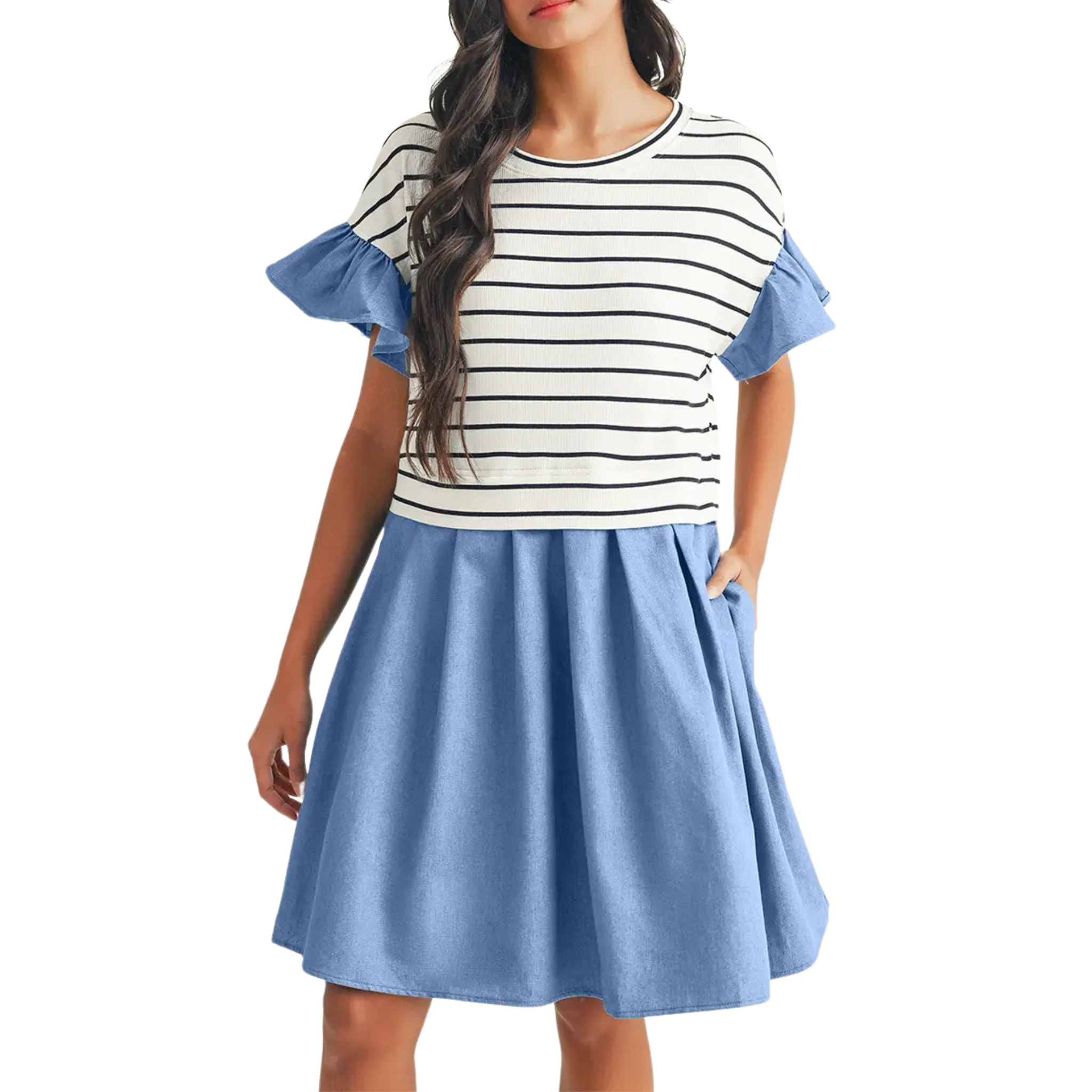 Stripe Ruffle Denim Mini Dress