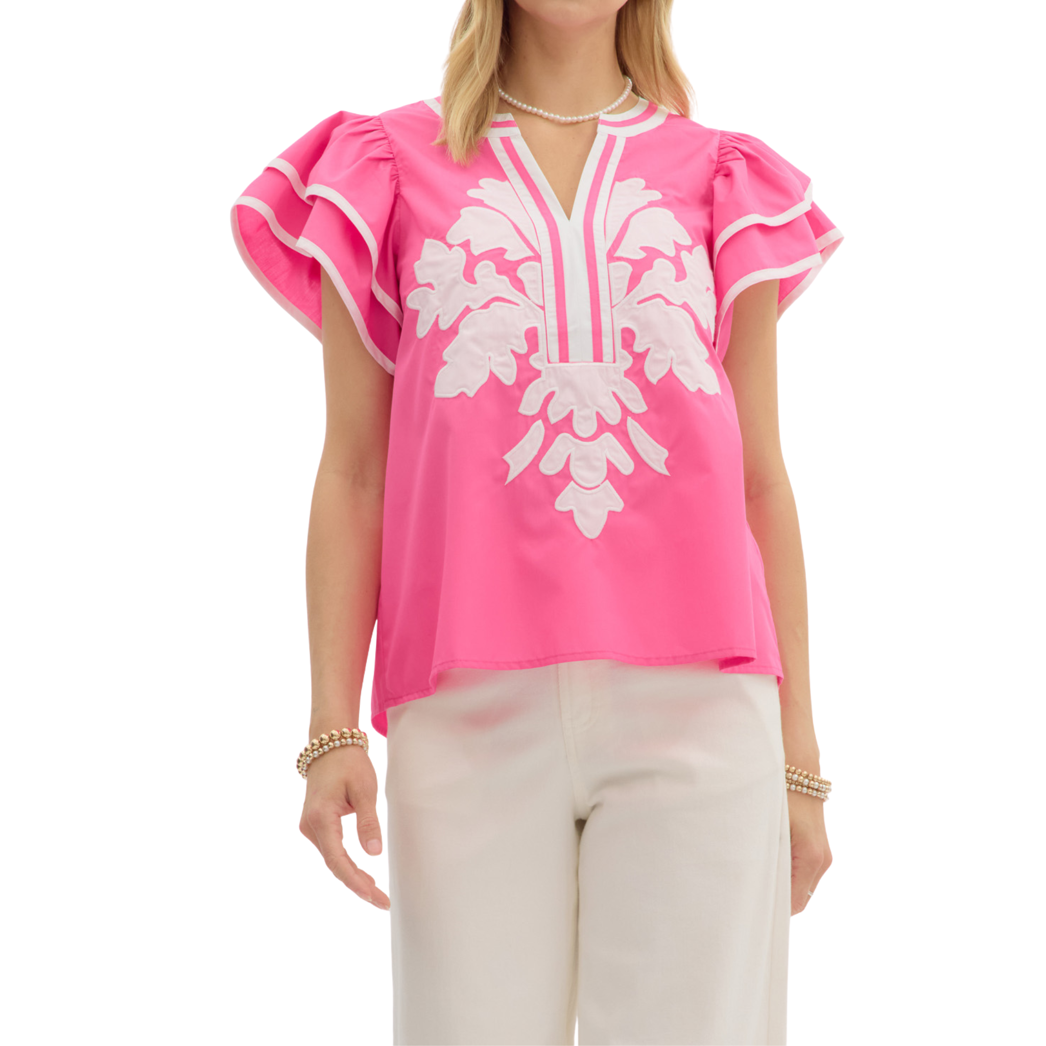 Solid Flutter Sleeve V-Neck Top | Pink