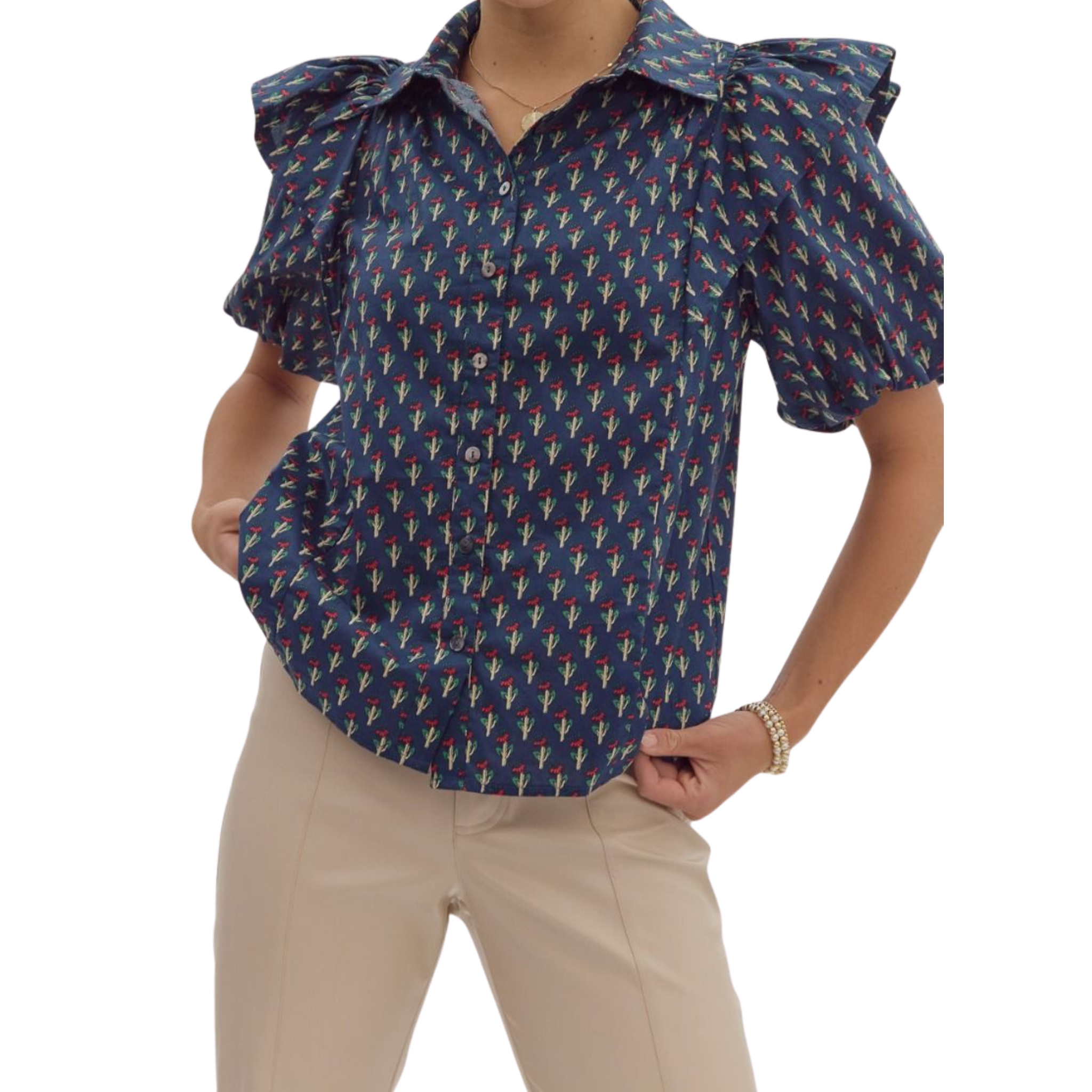 Ruffle Shoulder Flower Print Blouse