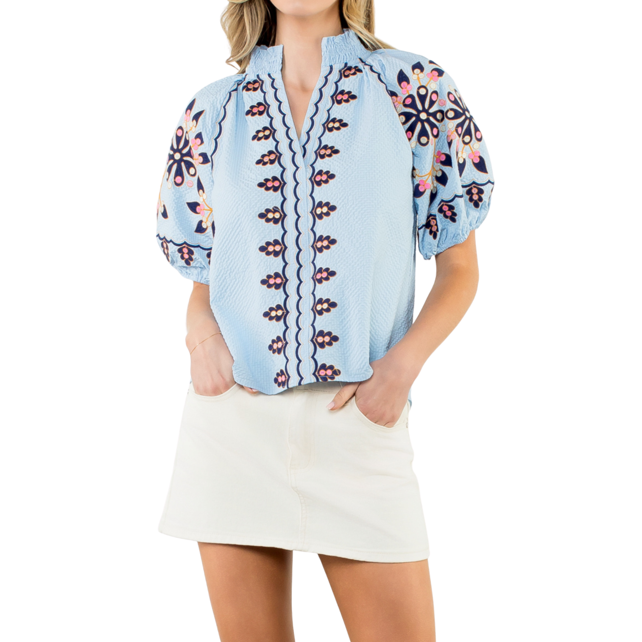 Embroidered Puff Sleeve Textured Top | Blue