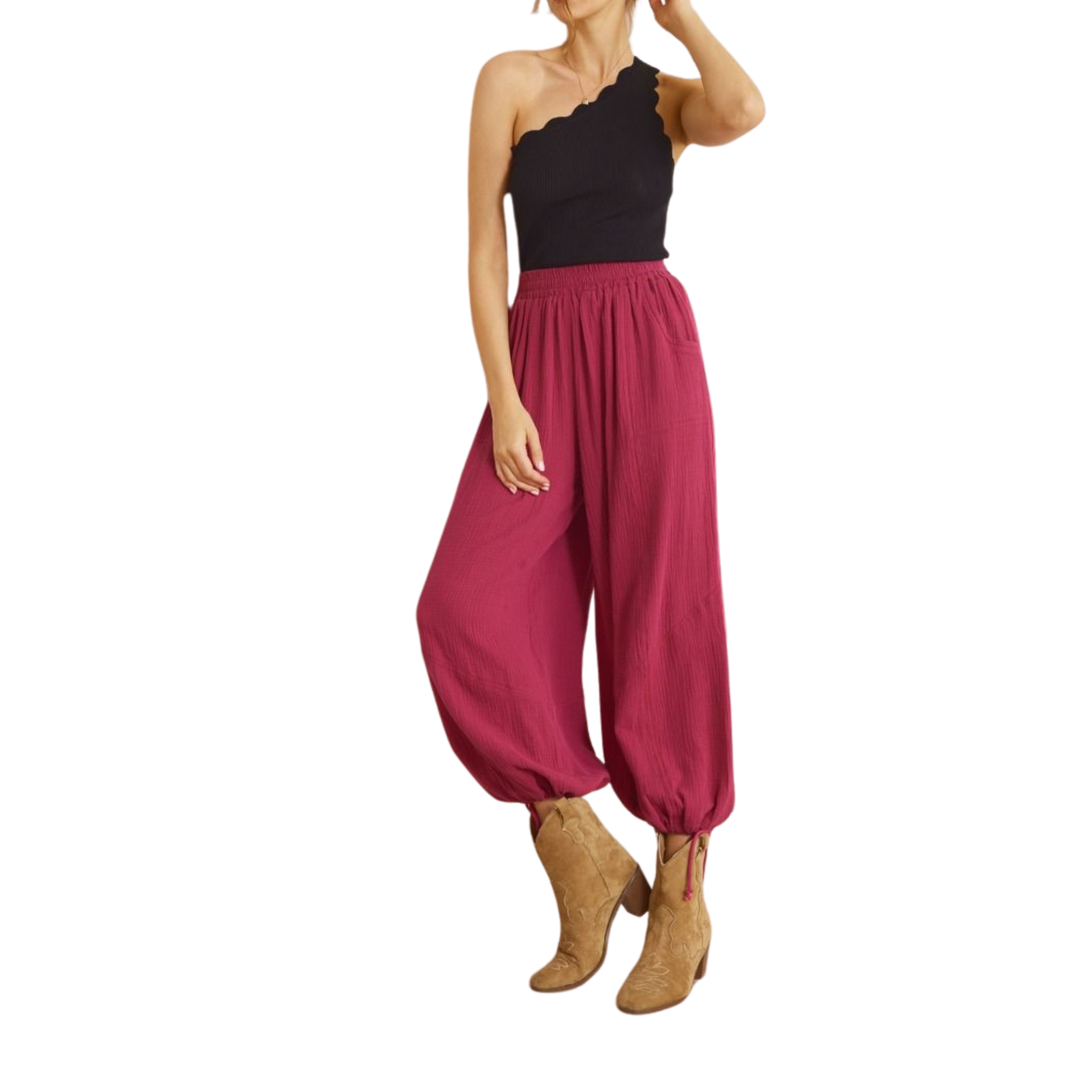 Women's High-Waisted Textured Joggers with Ankle Tie