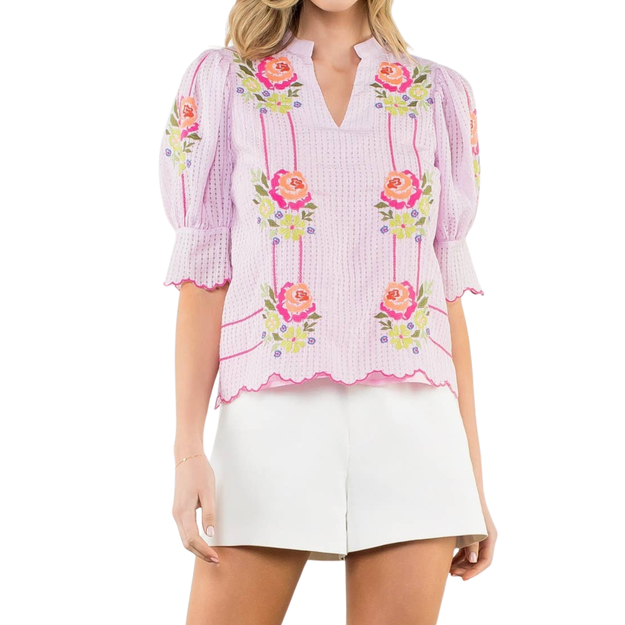 Embroidered Puff Sleeve V-Neck Top | Pink
