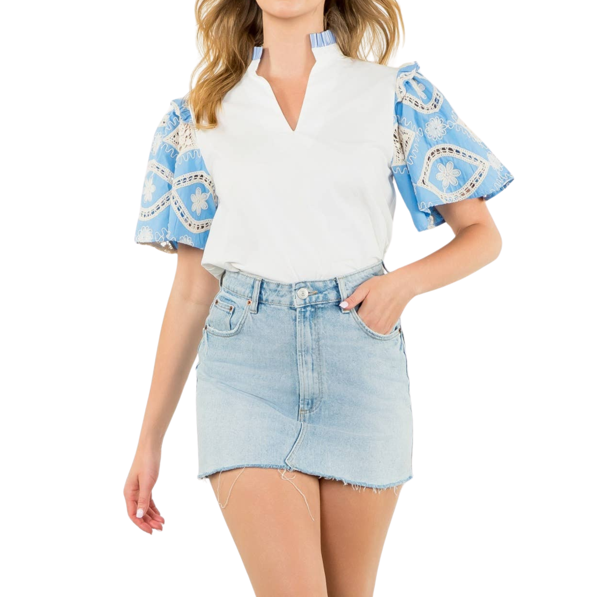 The Sky Bloom Embroidered Sleeve Top