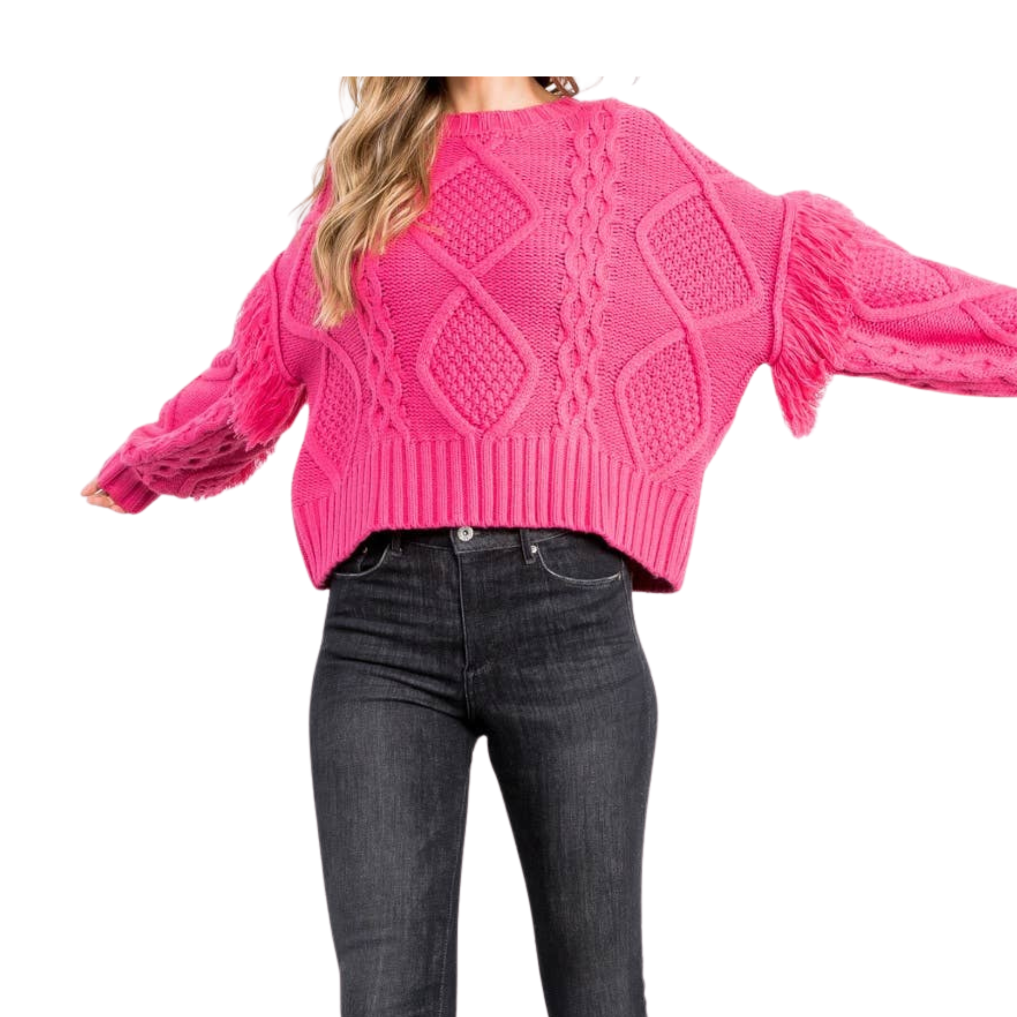 Knit Fringe Sleeve Sweater | Magenta