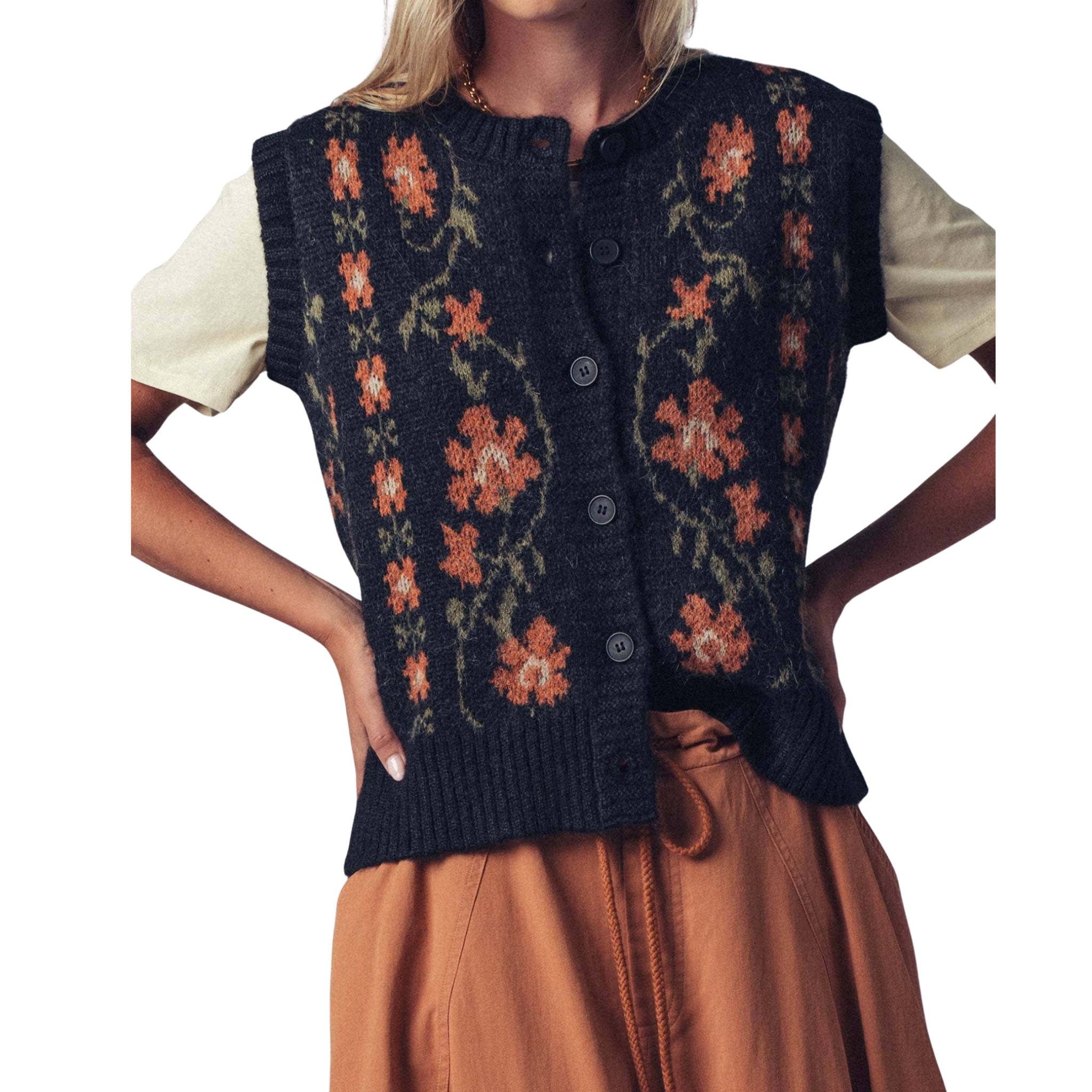Floral Knit Button-Up Sweater Vest