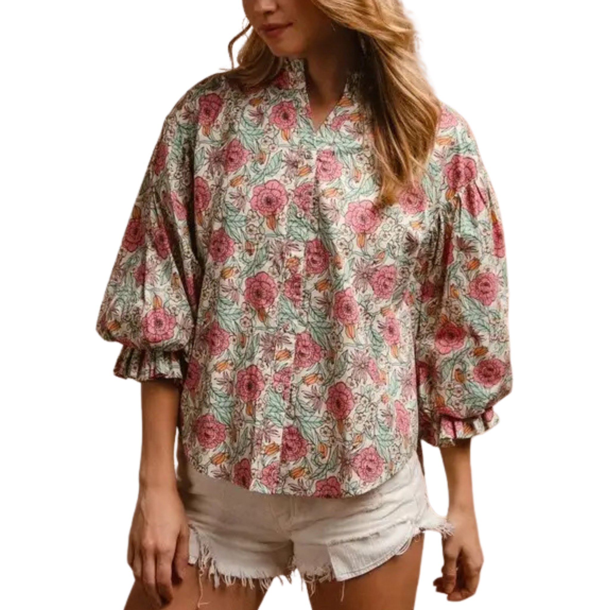 Floral Woven Bubble Sleeve Blouse