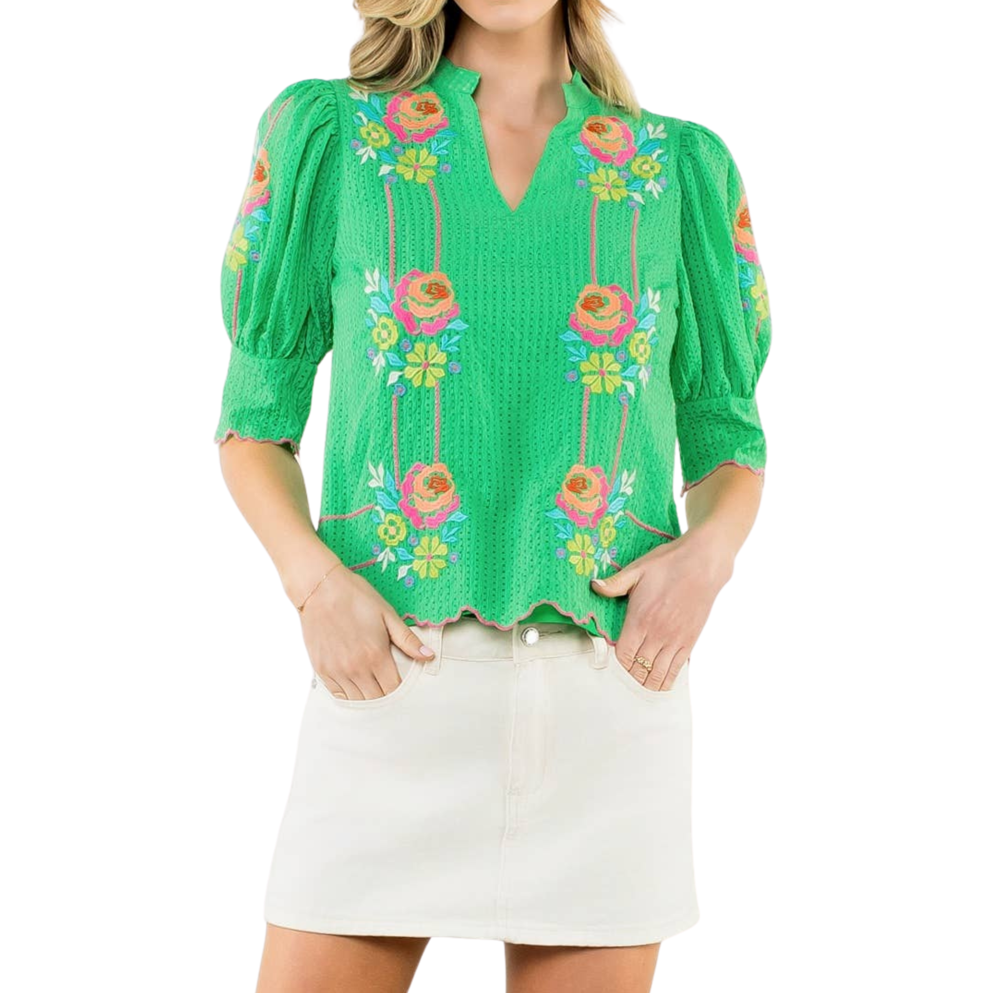 Embroidered Puff Sleeve V-Neck Top | Green