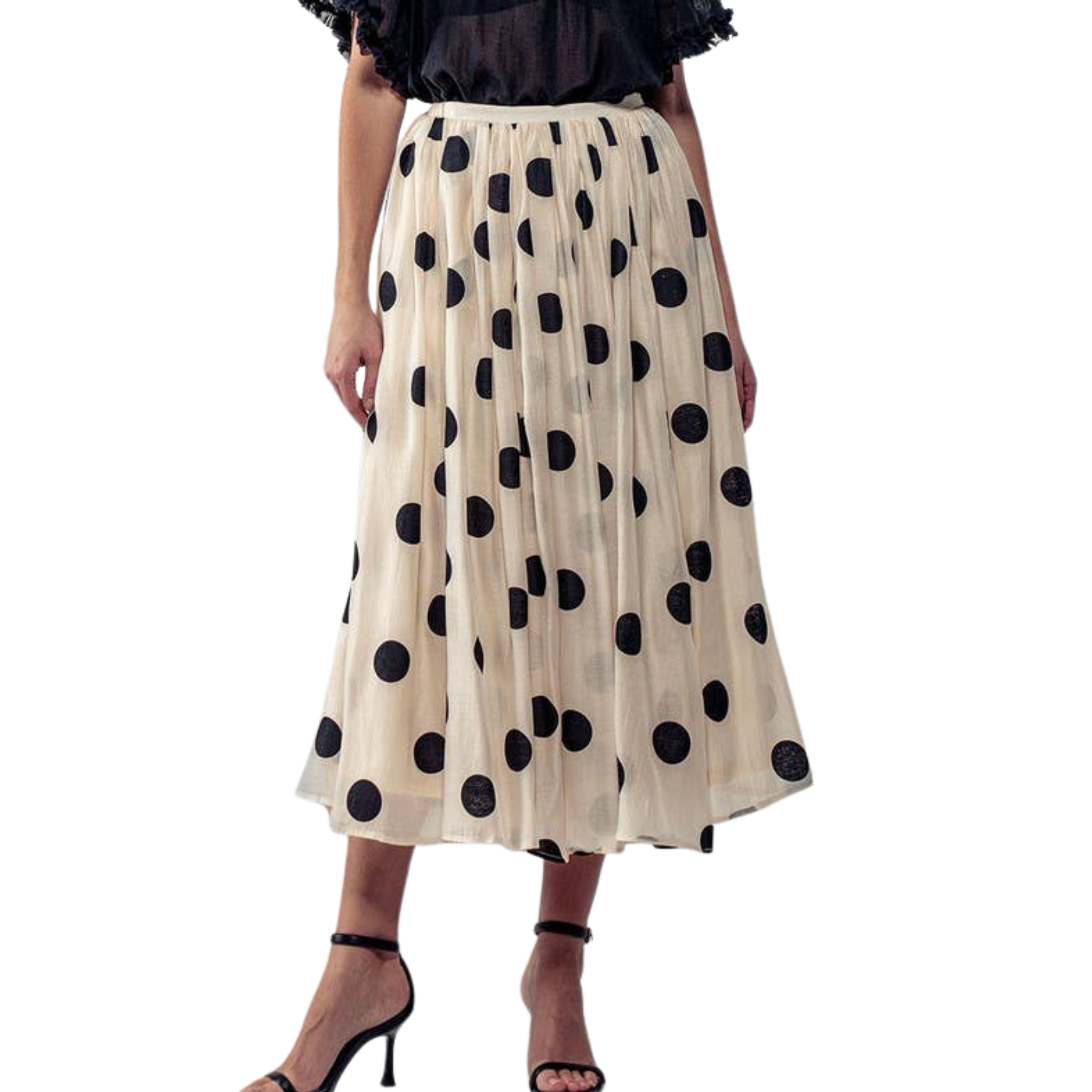 Polka Dot Elastic Waist Midi Skirt | Cream