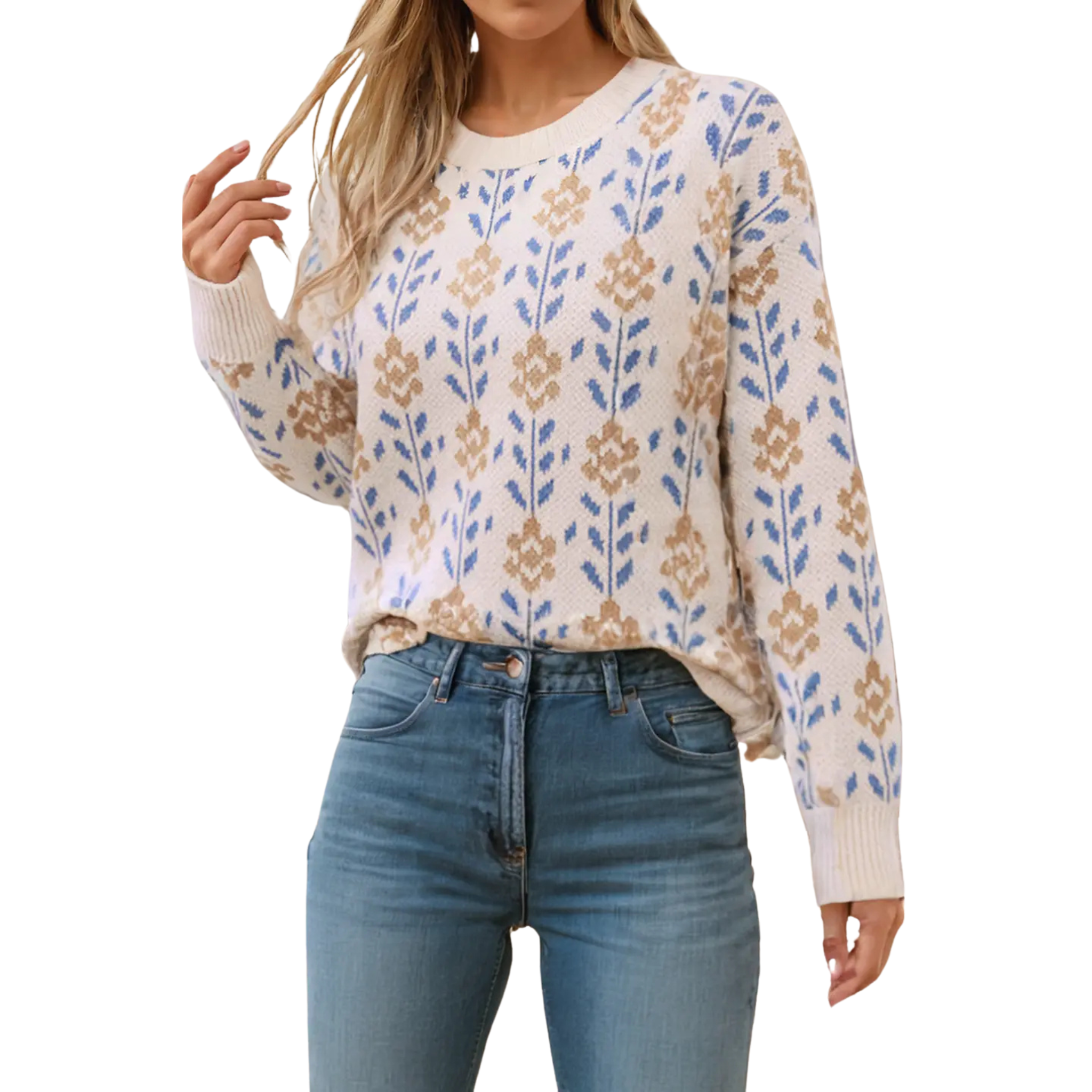 Floral Pattern Crew Neck Sweater