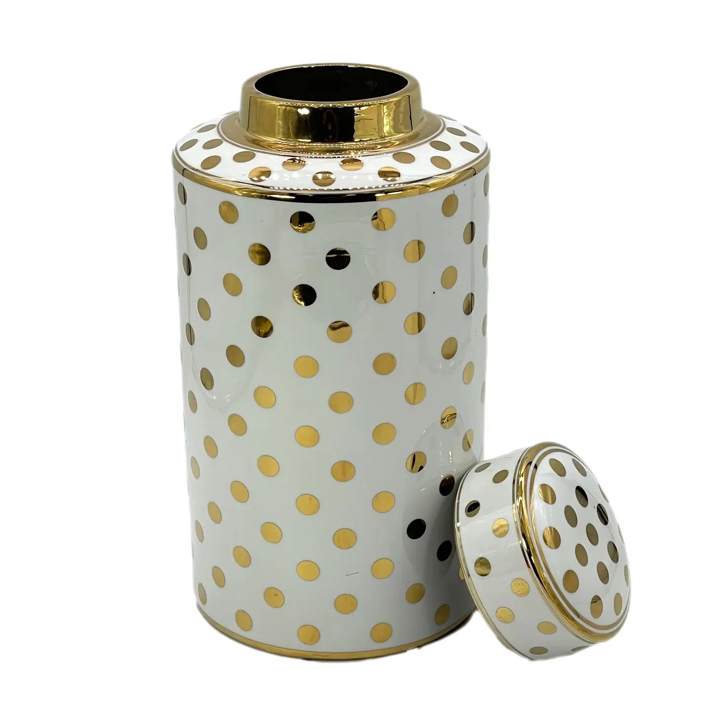 16" White Jar with gold polka dots