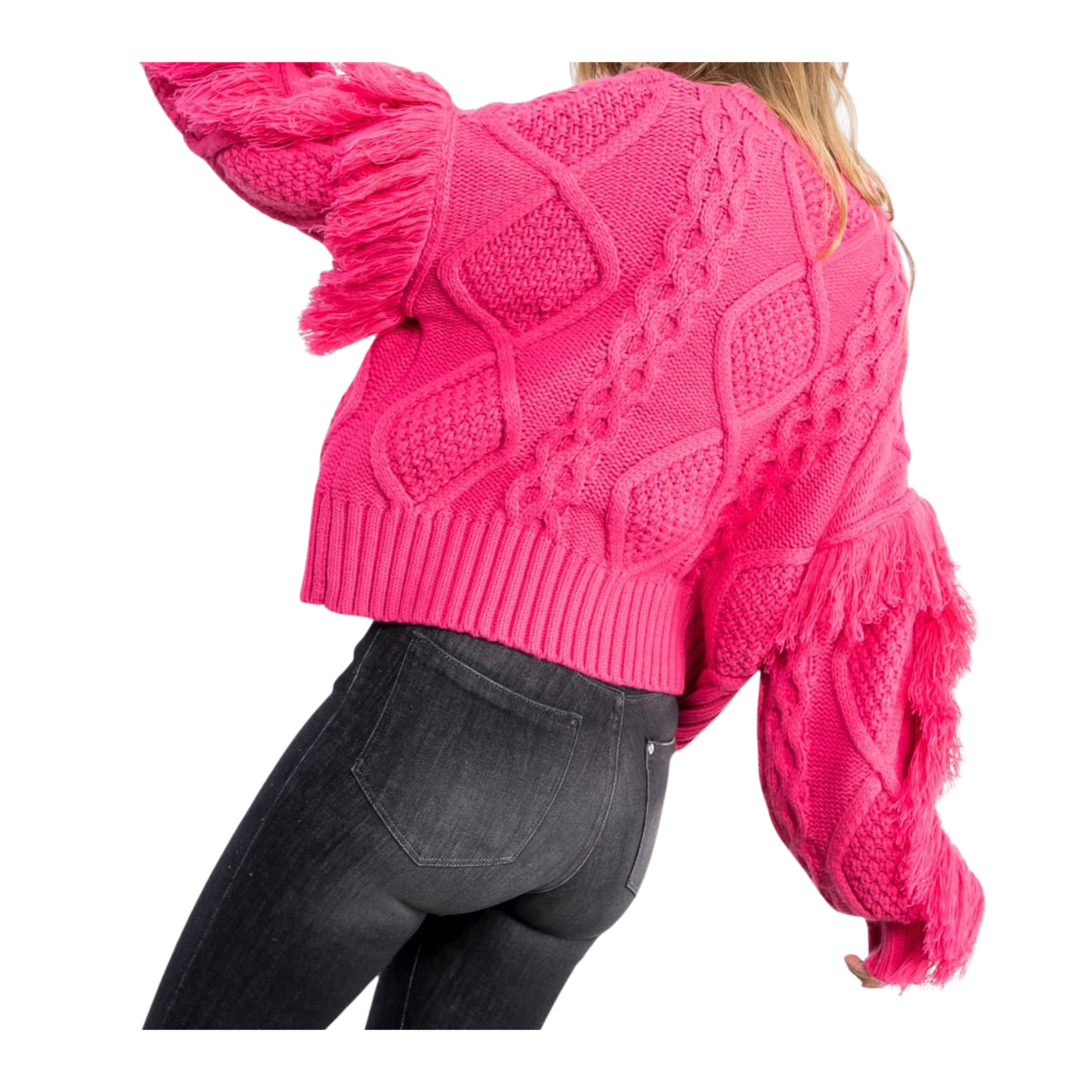 Knit Fringe Sleeve Sweater | Magenta