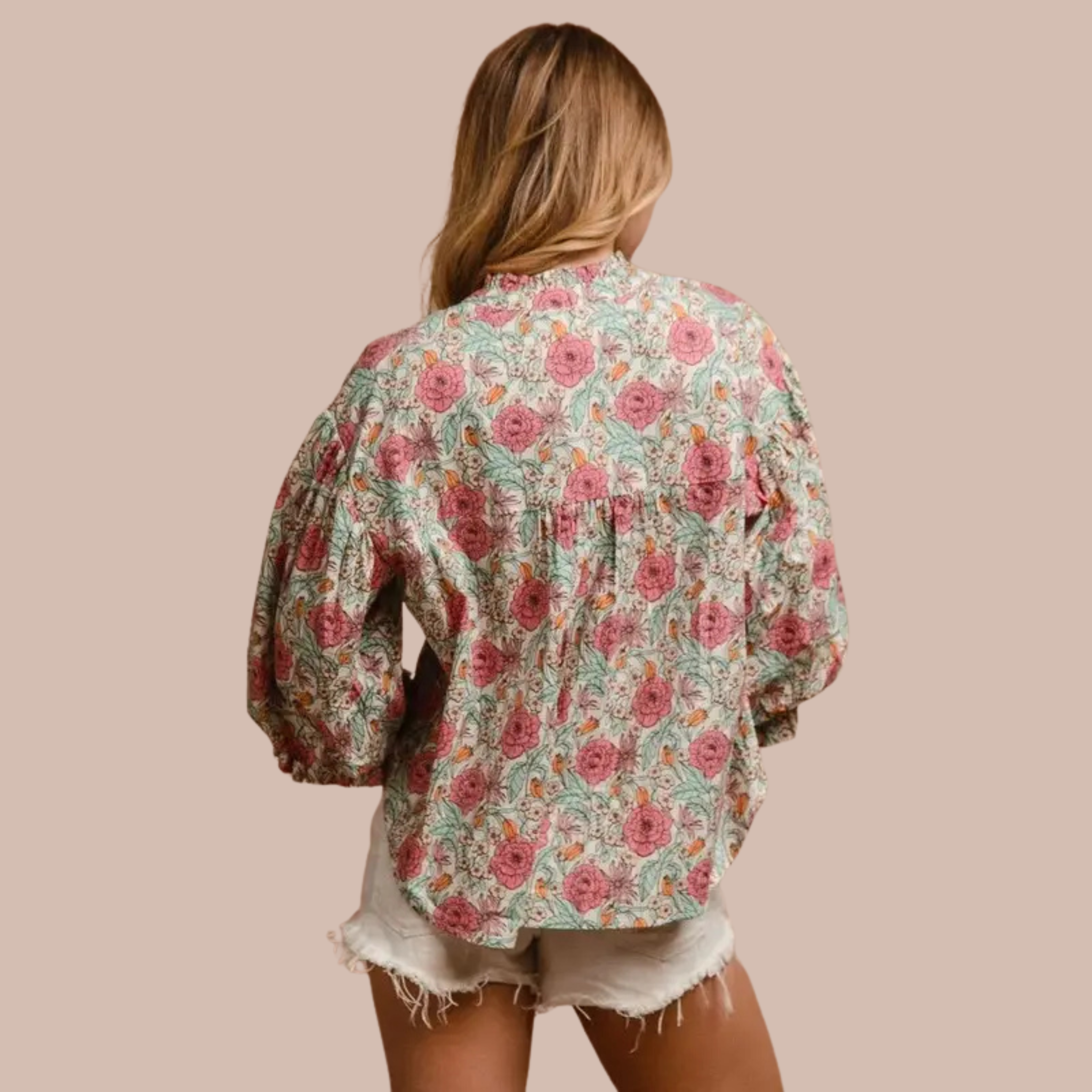 Floral Woven Bubble Sleeve Blouse