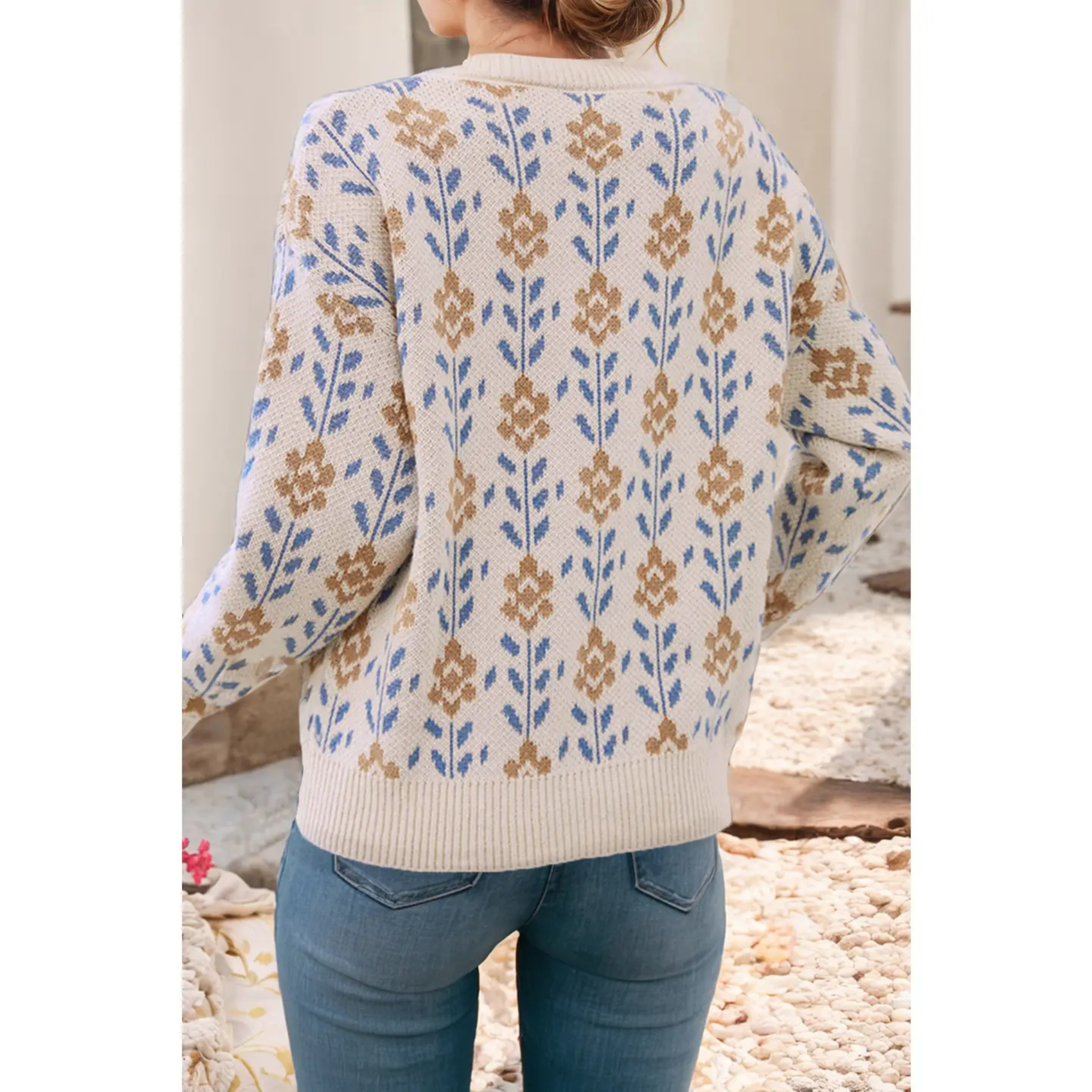 Floral Pattern Crew Neck Sweater