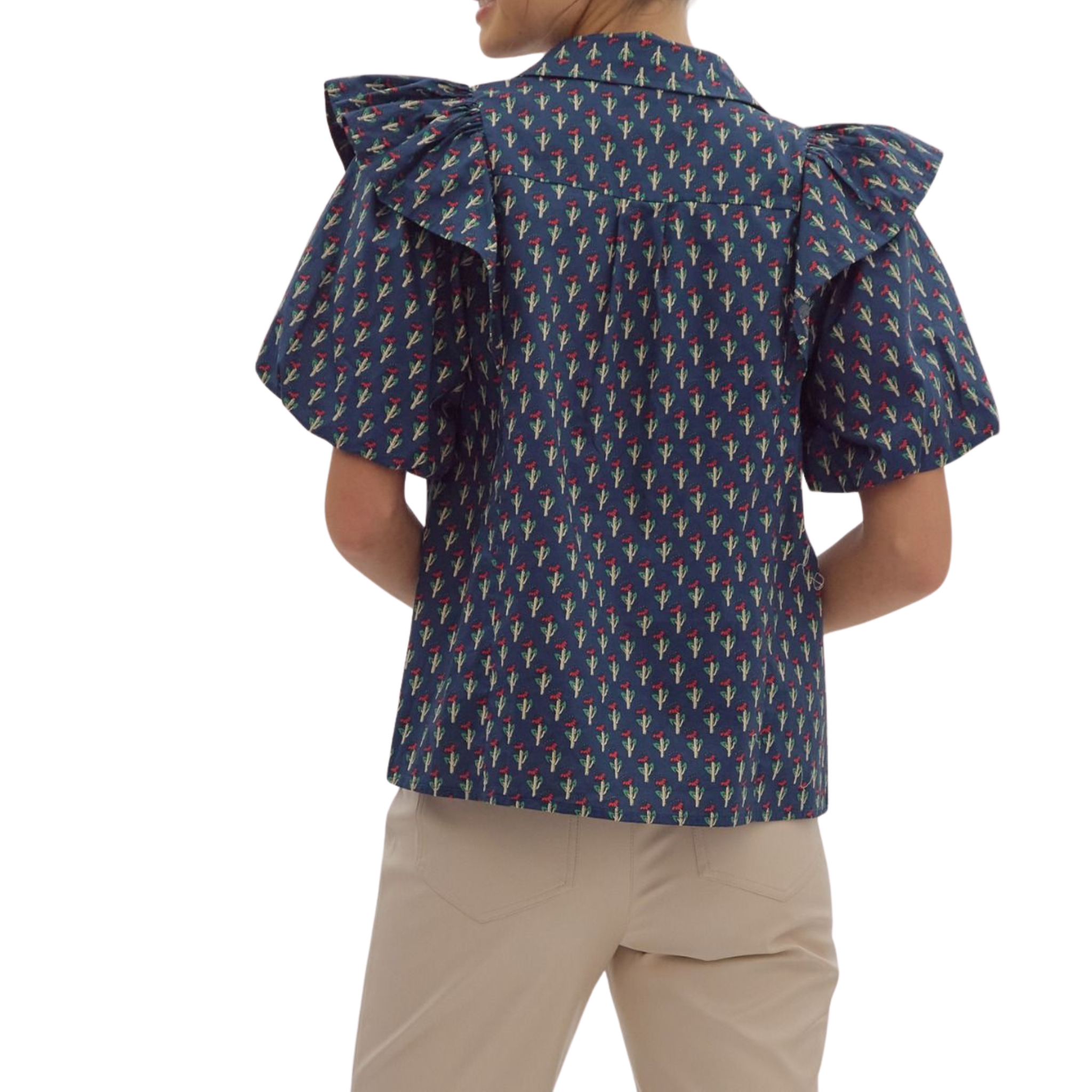 Ruffle Shoulder Flower Print Blouse