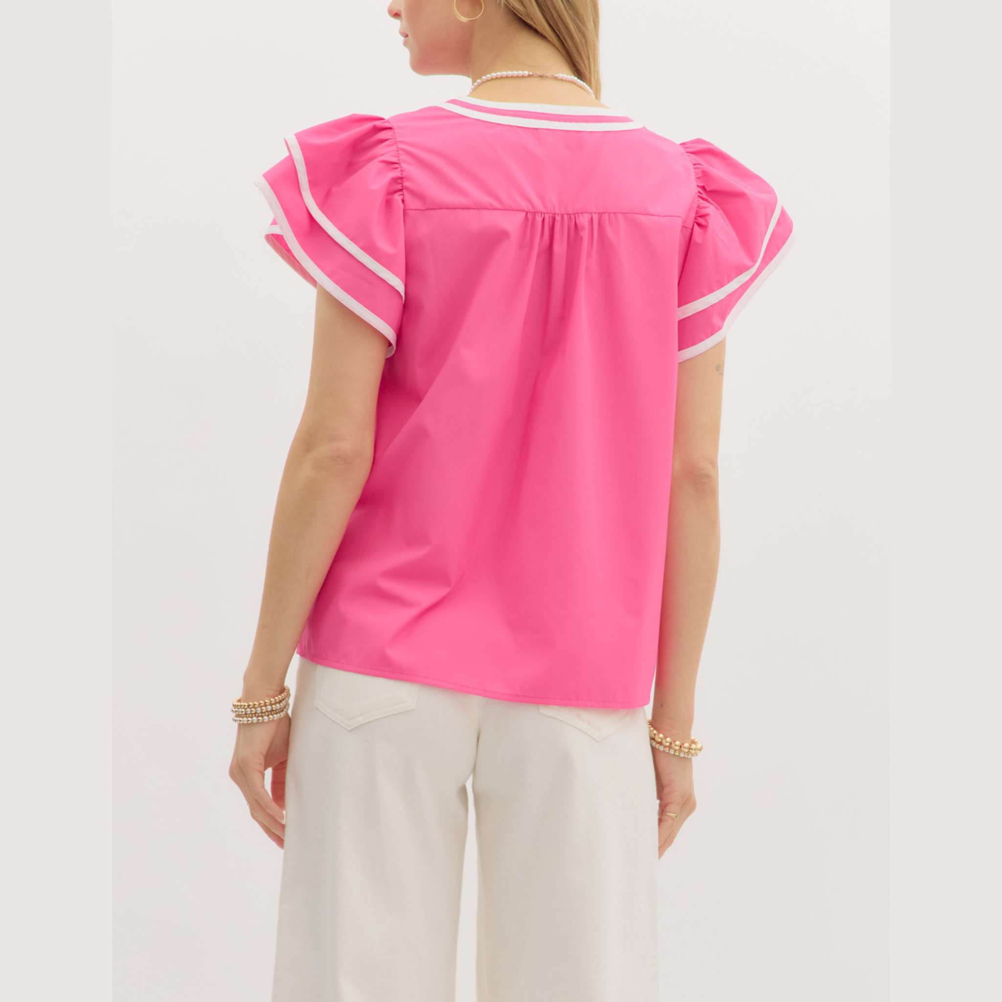 Solid Flutter Sleeve V-Neck Top | Pink