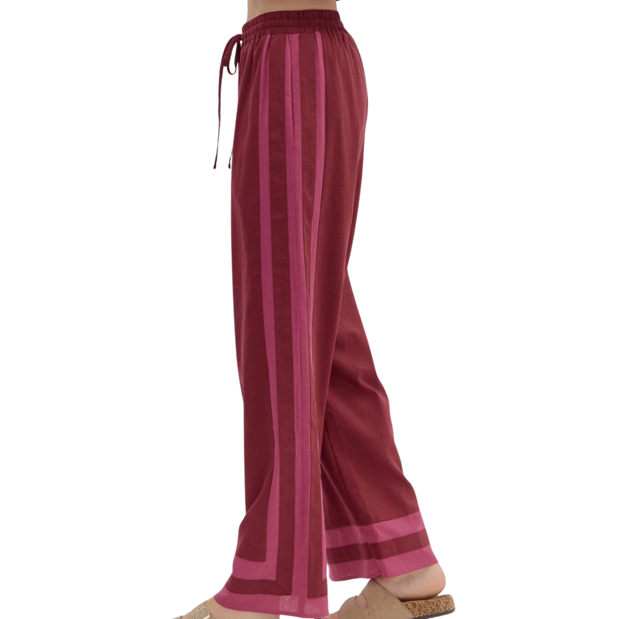 Contrast Trim Wide Leg Pants | Burgundy